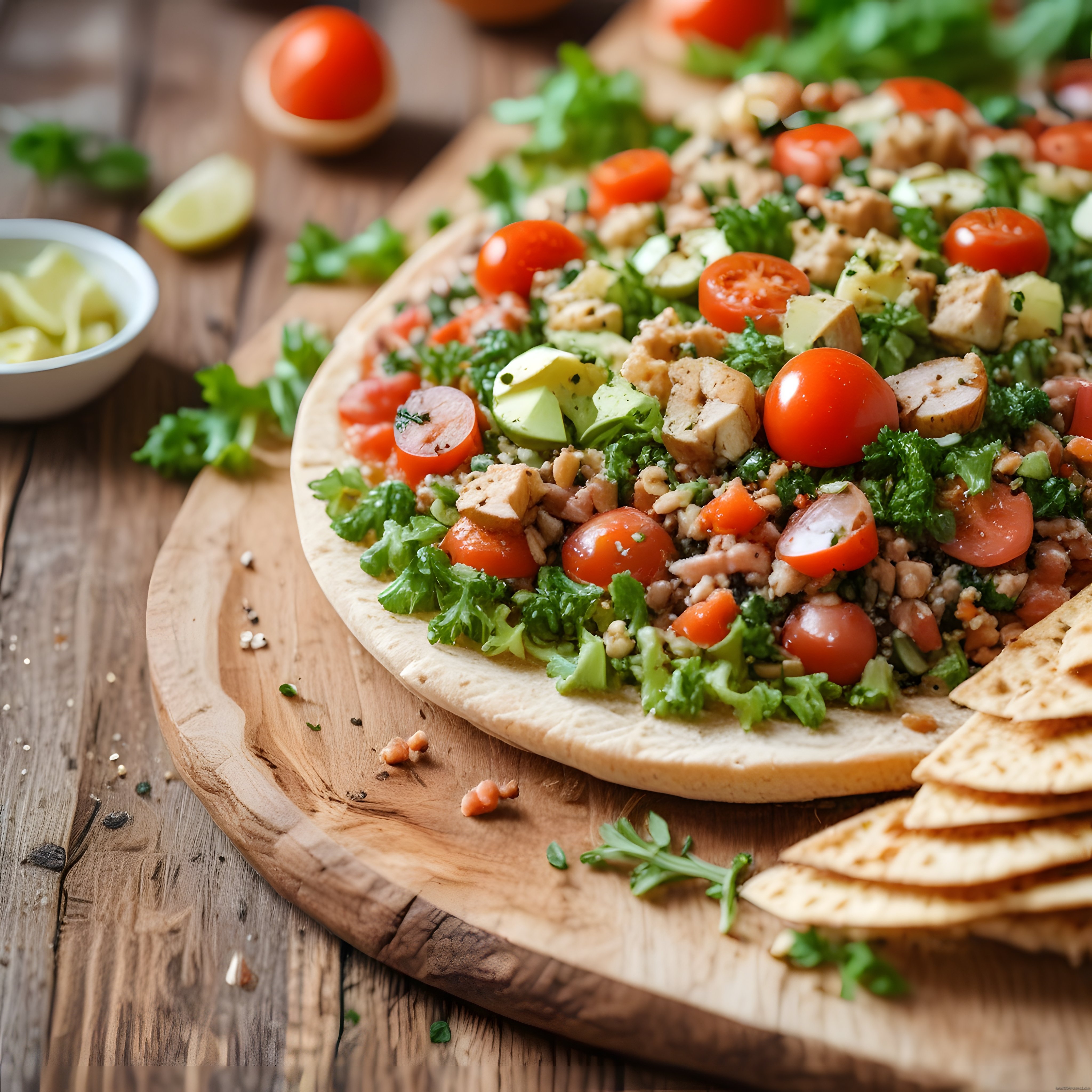 Rustik Sunum Tahtasında Taze Sebzeli ve Avokadolu Flatbread Görseli