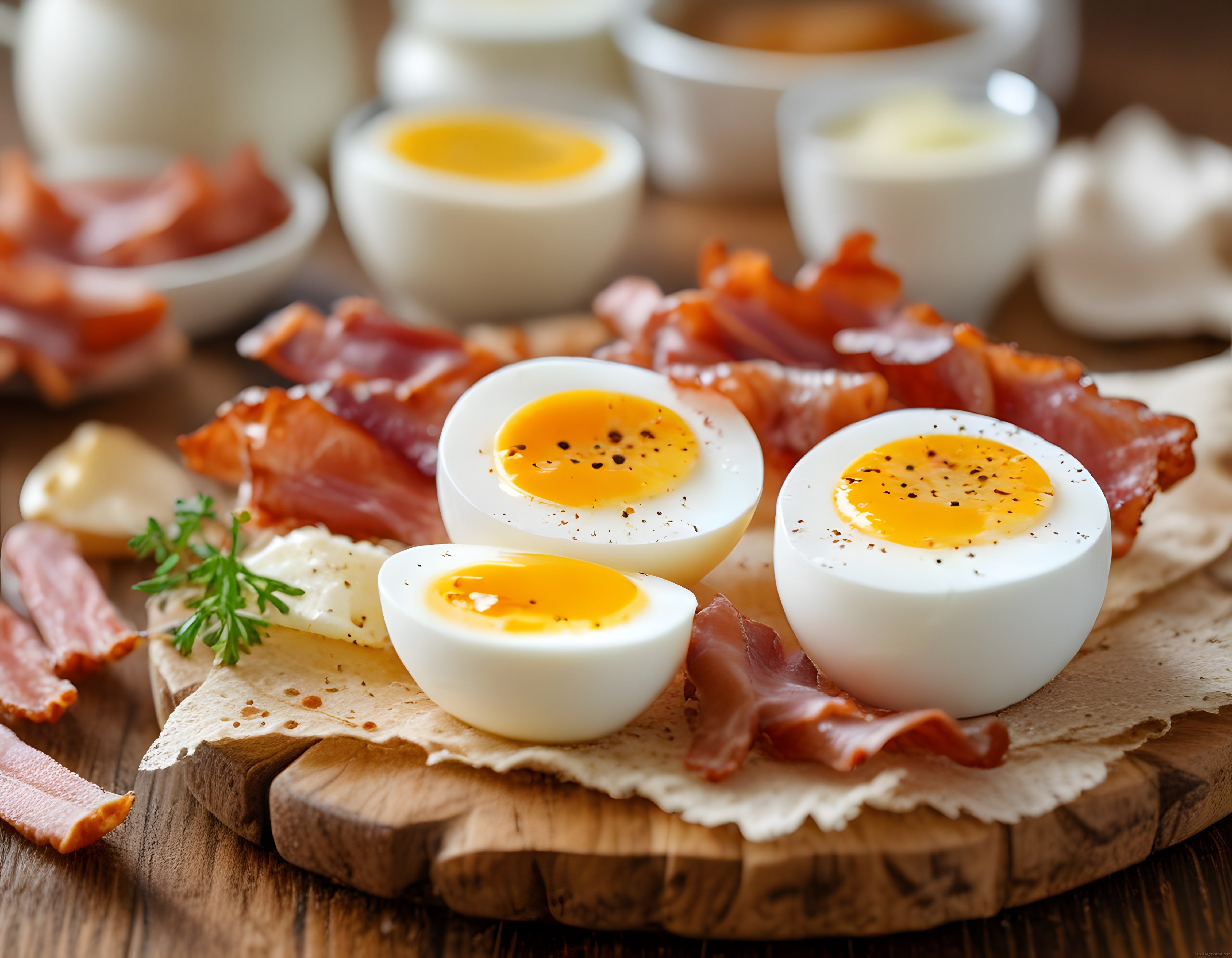 Rustik Sunumda Haşlanmış Yumurta, Bacon ve Ekmeğe Özel Kahvaltı