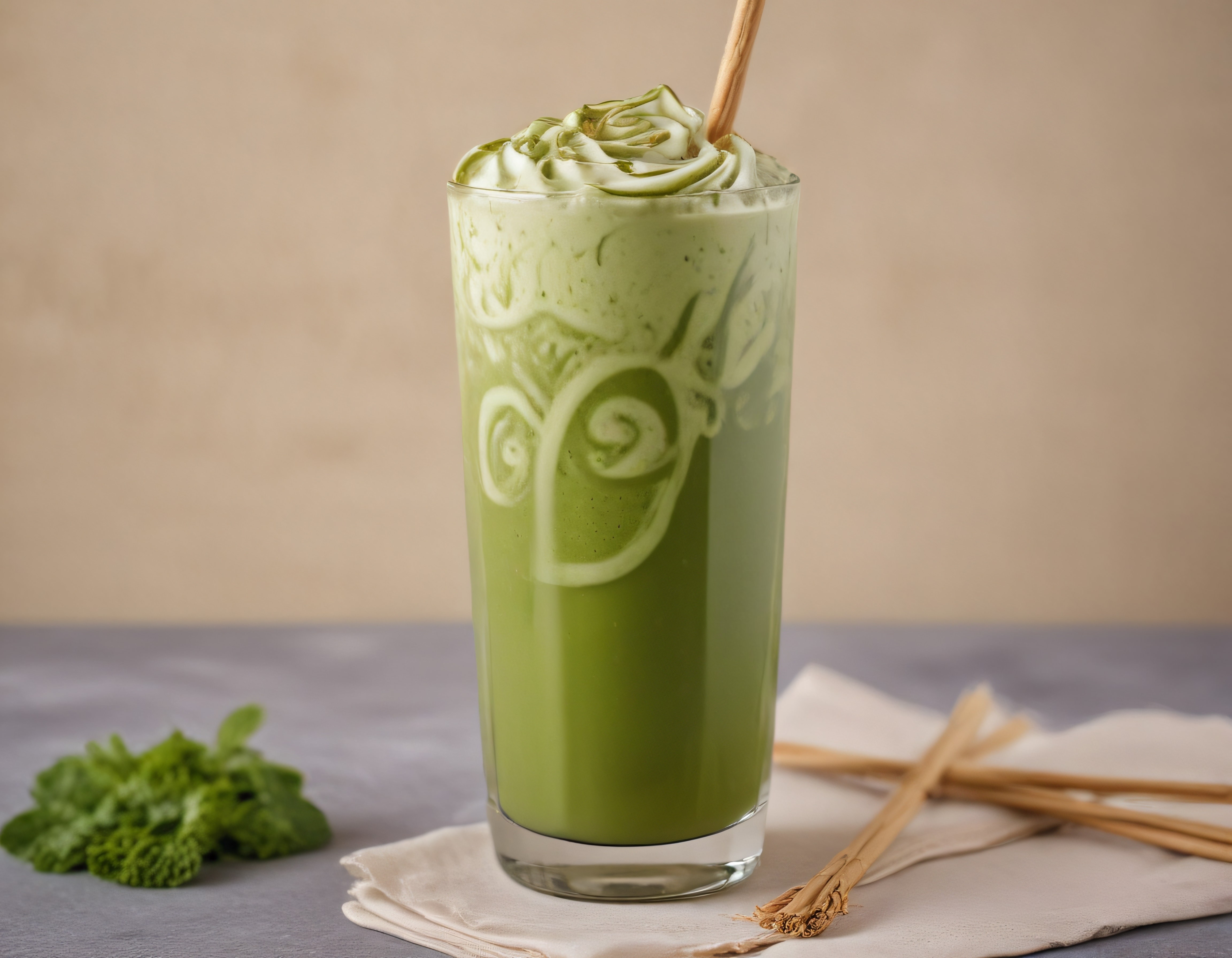 Rustik sunumda kremalı serinletici yeşil matcha latte ve taze yeşillikler