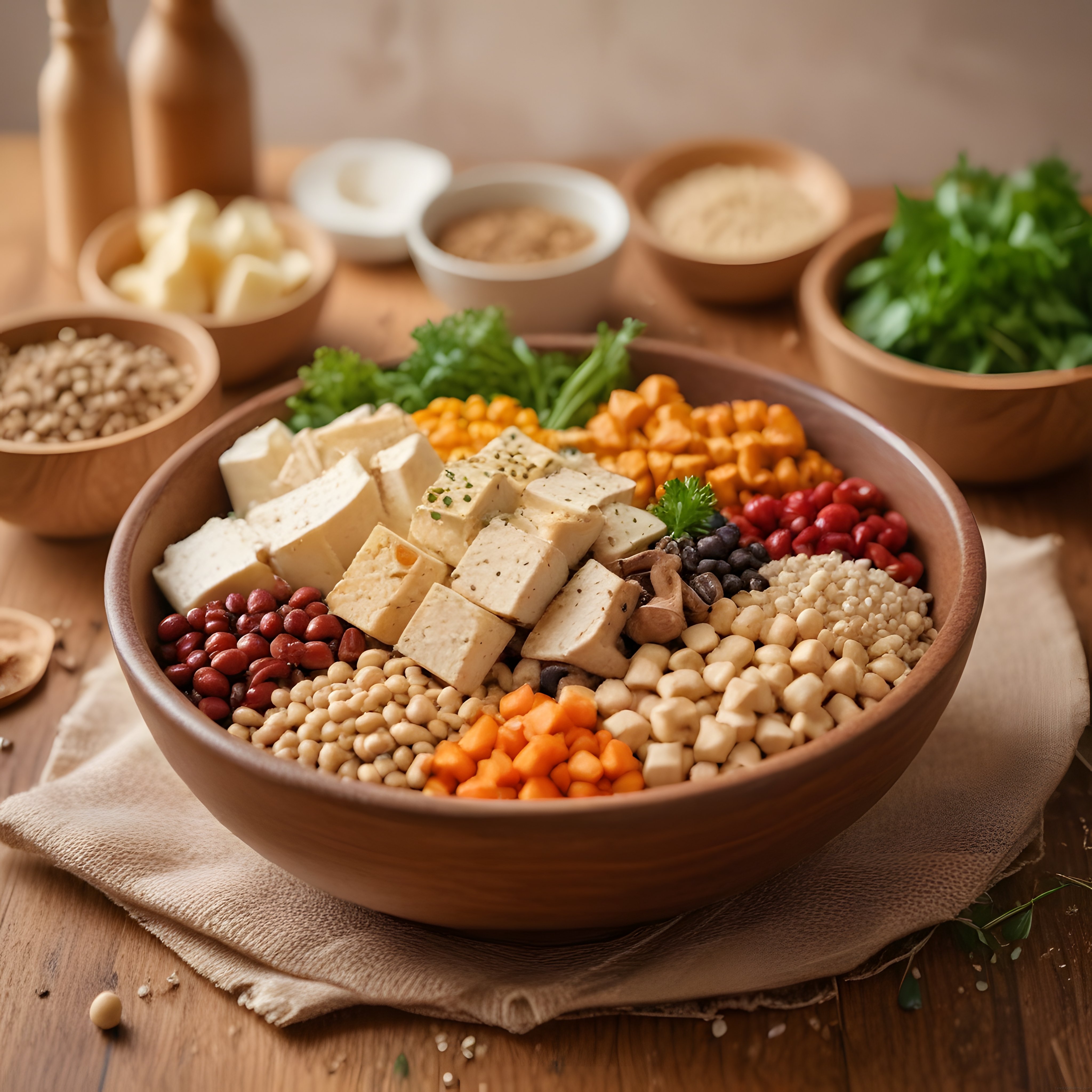 Rustik Sunumda Renkli Vegan Buddha Kasesi ve Besleyici Bitkisel Malzemeler