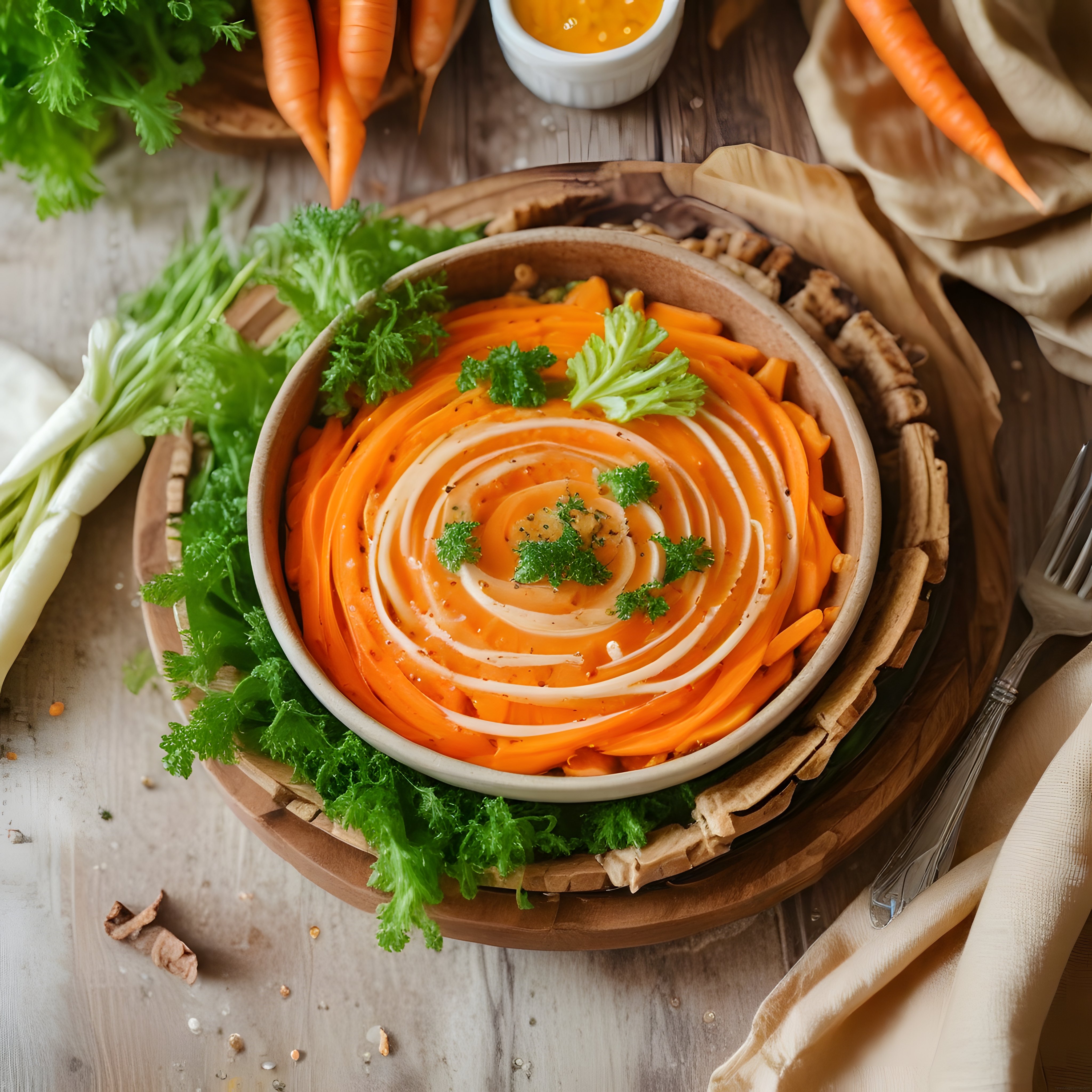 Rustik sunumda spiral havuç salatası ve taze bahçe sebzeleri