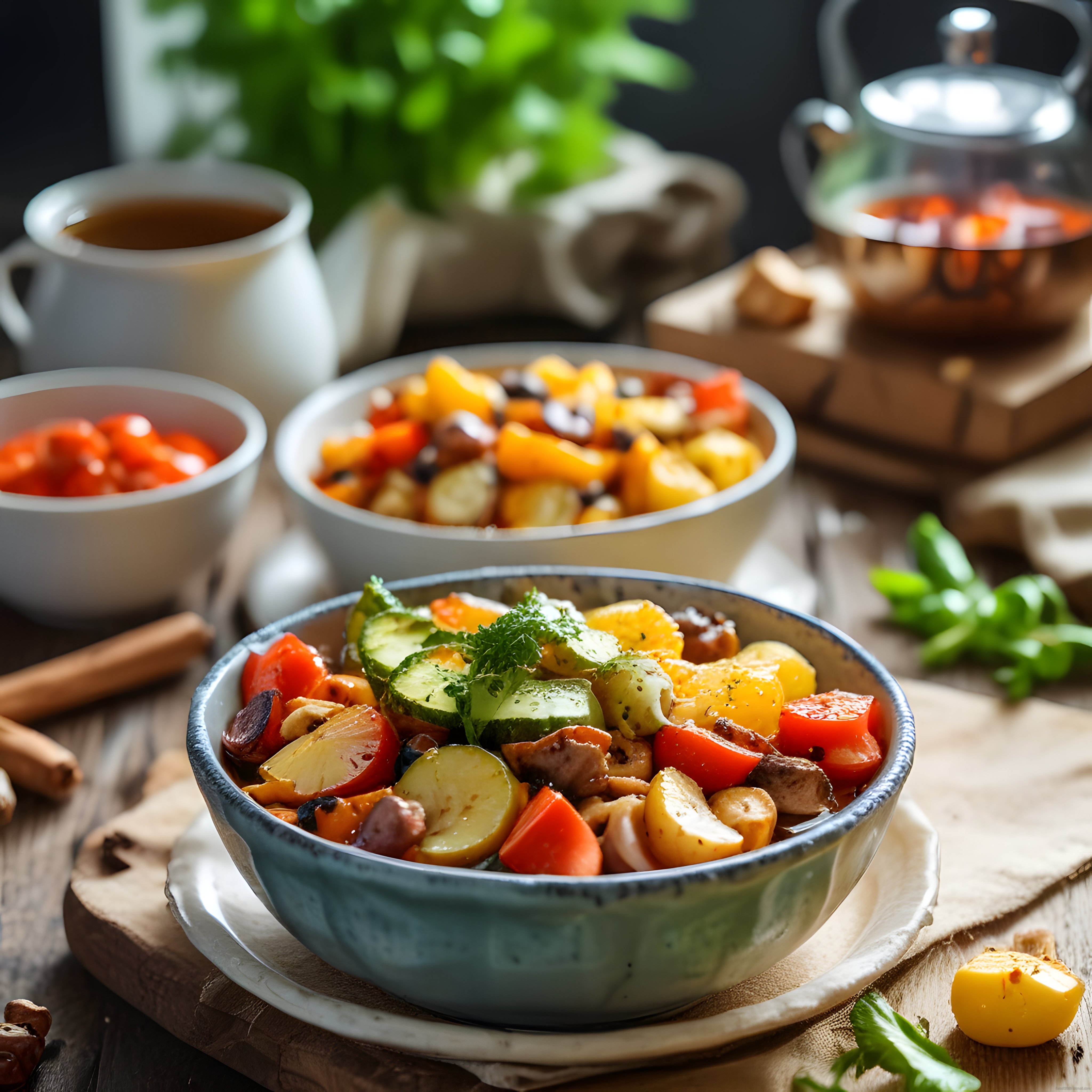 Rustik Sunumda Taze Sebzeler ve Kuruyemişlerle Zengin Vegan Buda Kasesi