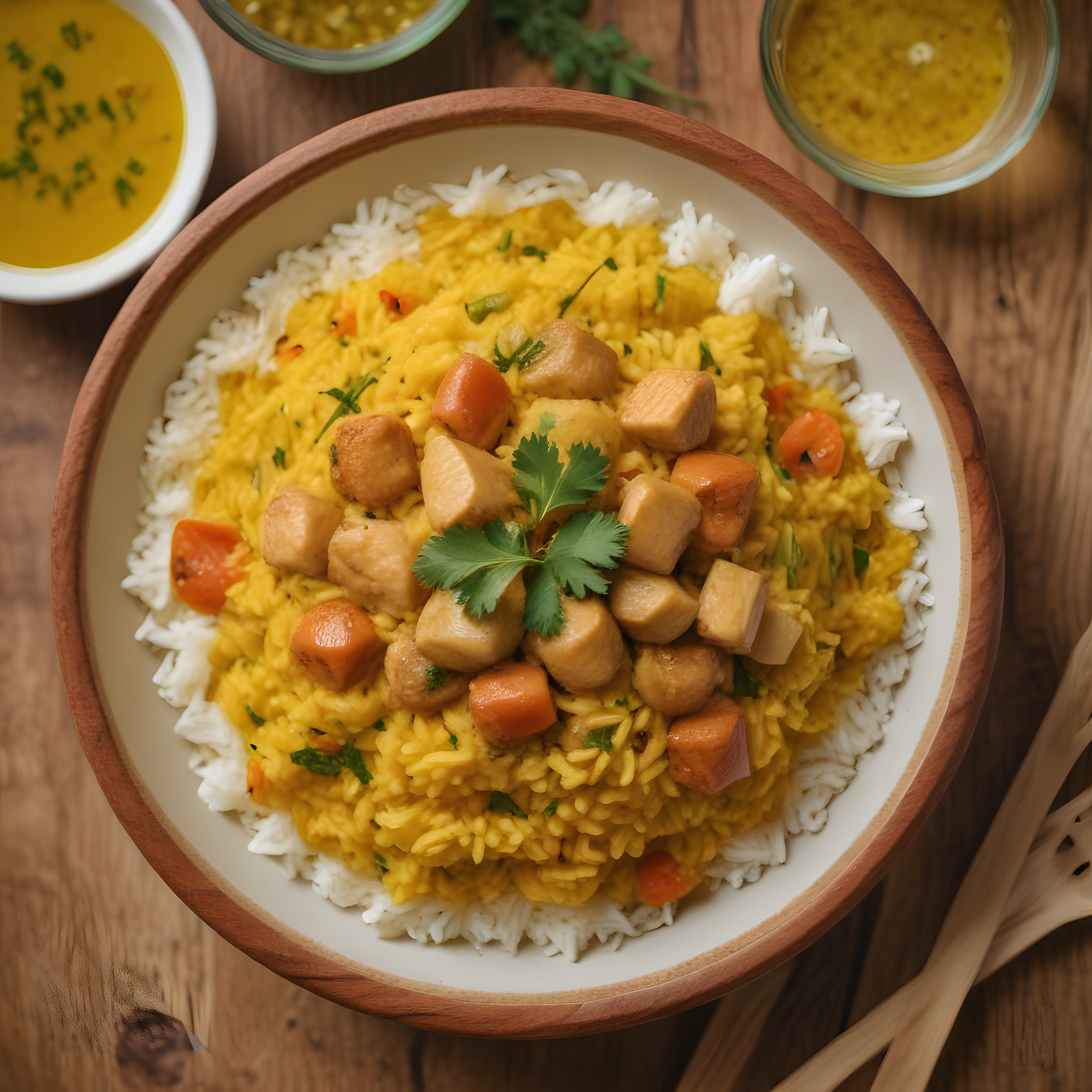 Rustik Sunumda Tofu ve Havuçlu Zerdeçal Soslu Basmati Pilavı