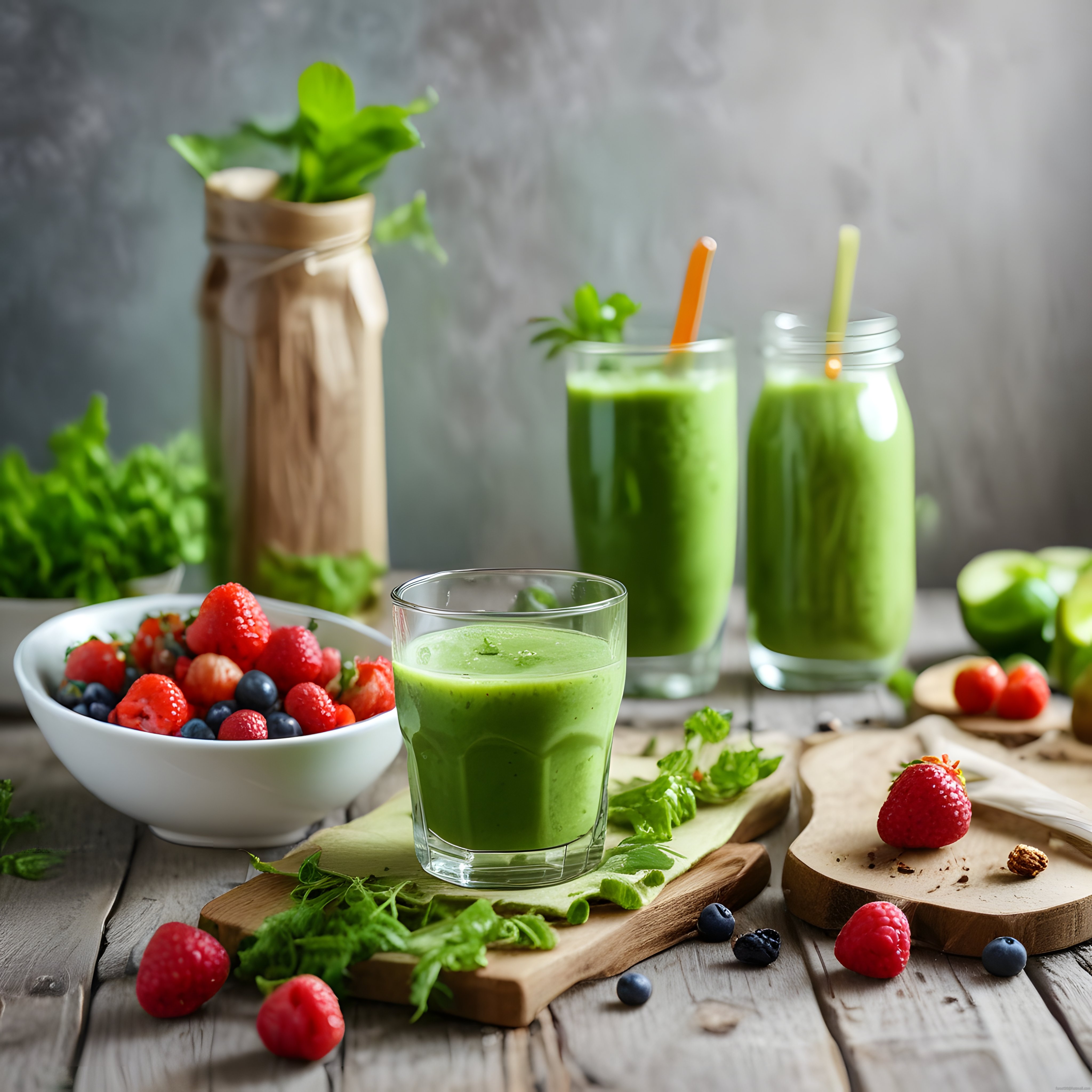 Rustik sunumda yeşil smoothie ve taze orman meyveleriyle sağlıklı beslenme