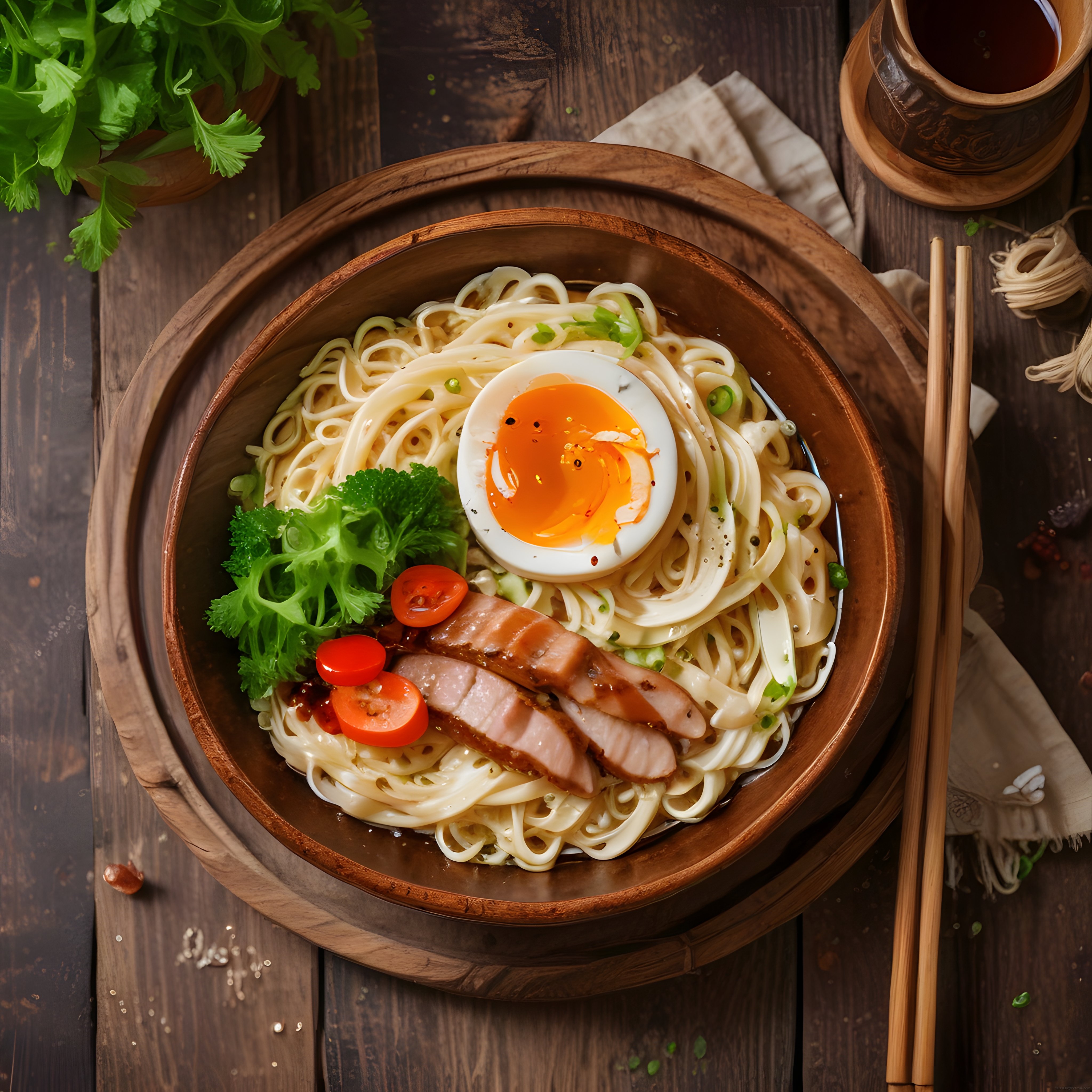 Rustik Sunumlu Baharatlı Ramen Kasesi: Yumuşak Yumurta ve Dilimlenmiş Et