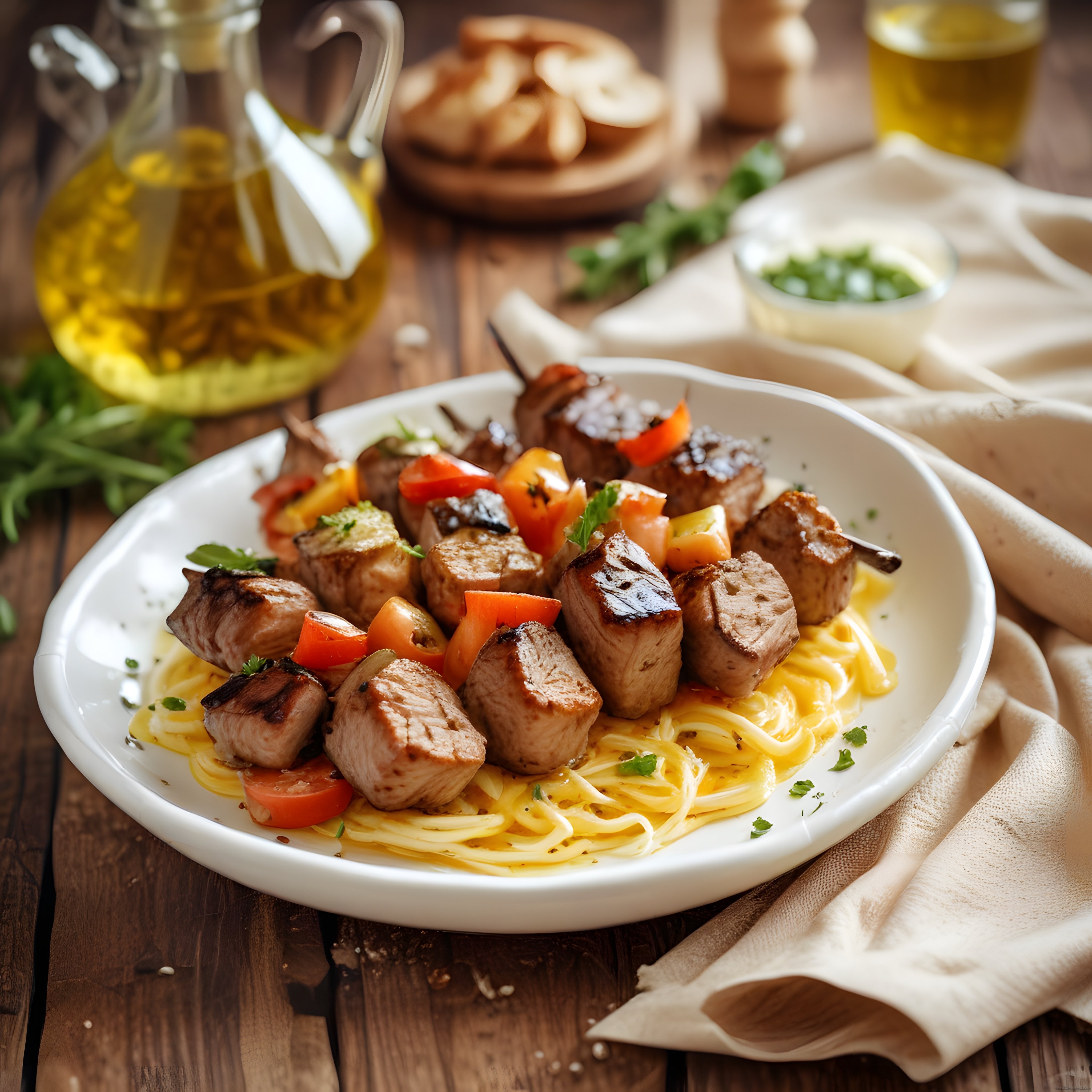 Rustik Sunumlu Spagetti Üzerinde Izgara Et Şiş ve Kızarmış Sebzeler
