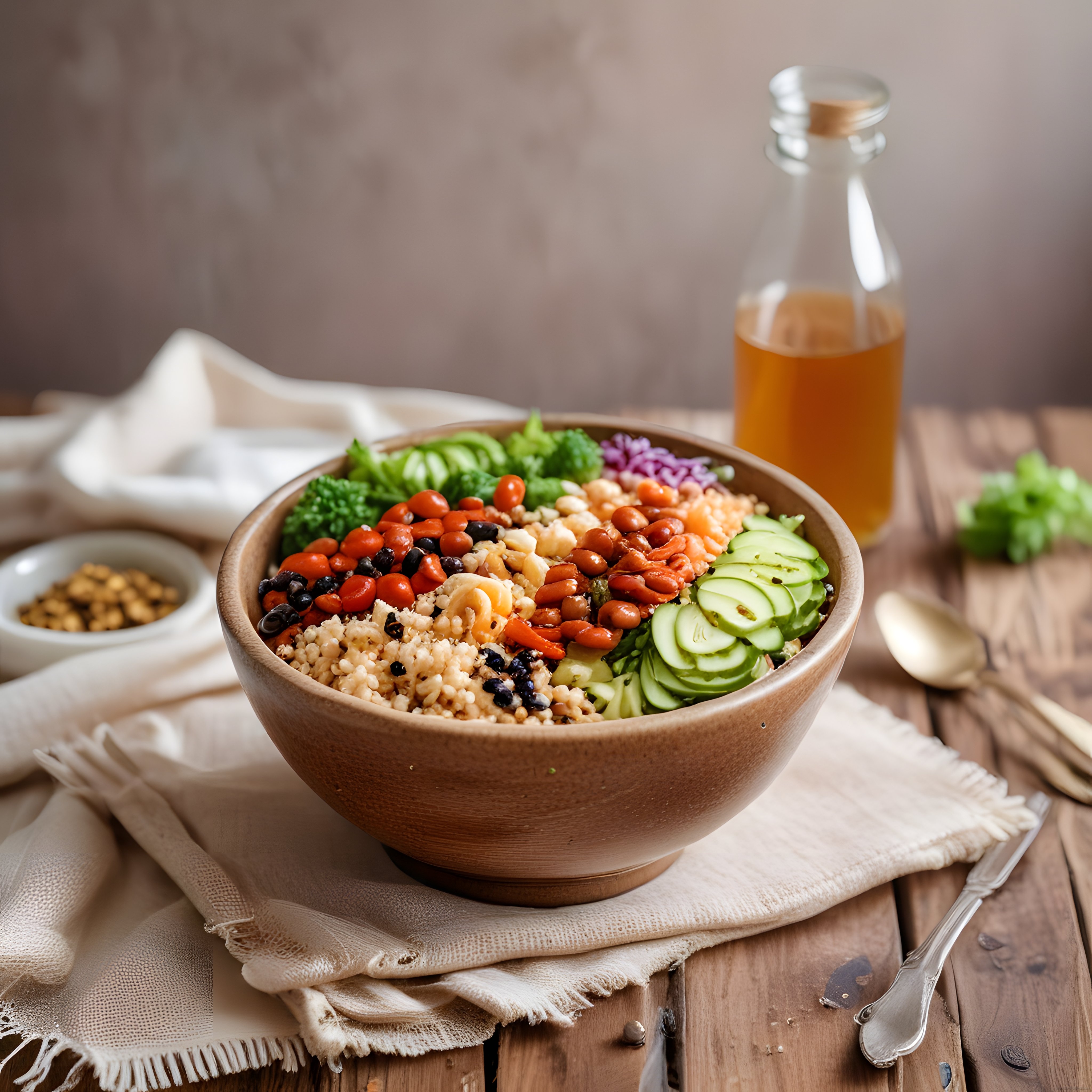 rustik zemin üzerinde renkli bakliyatlı ve tahıllı vegan buddha bowl sunumu