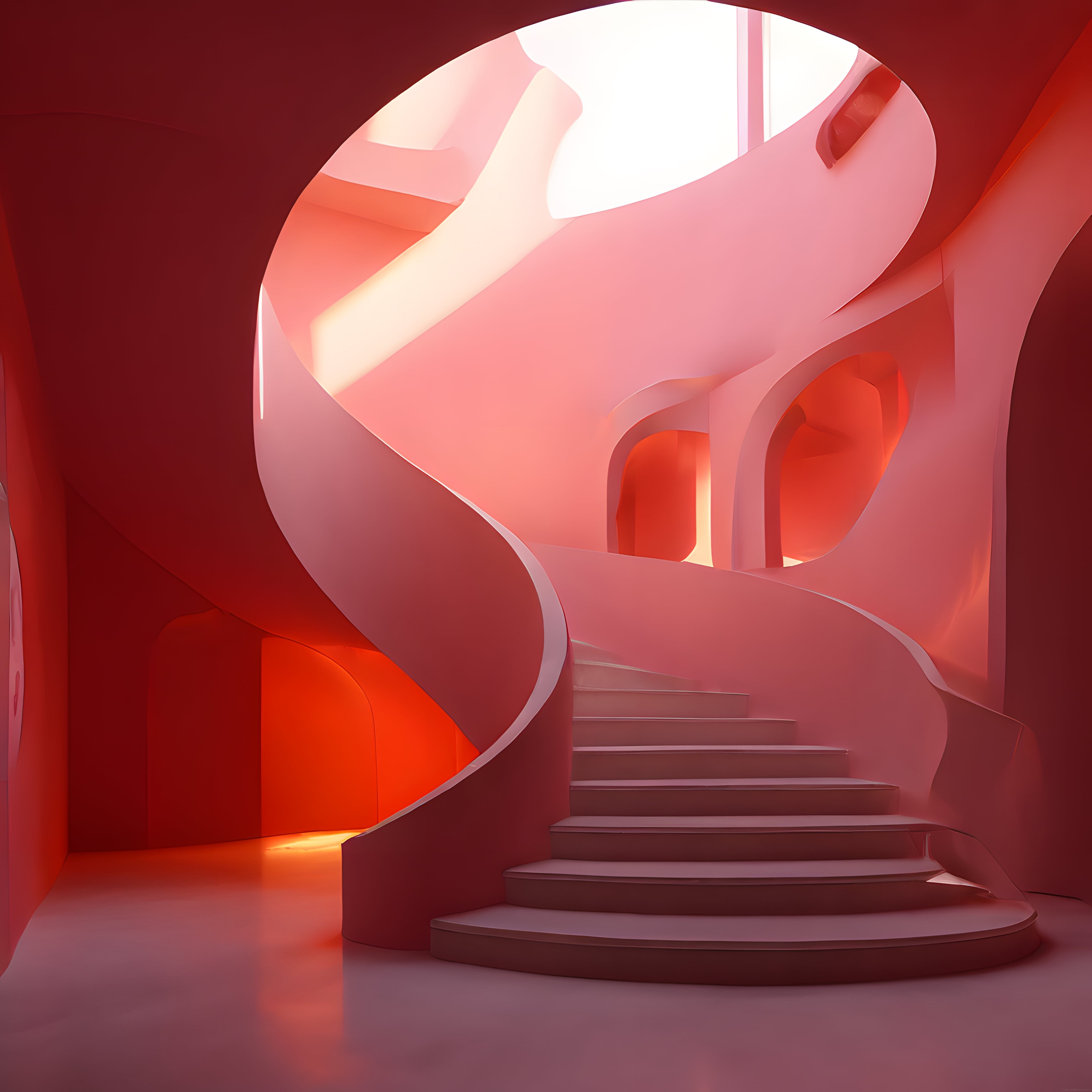 Rüya Gibi İç Mekan: Pembe ve Kırmızı Tonlarda Sanatsal Spiral Merdiven