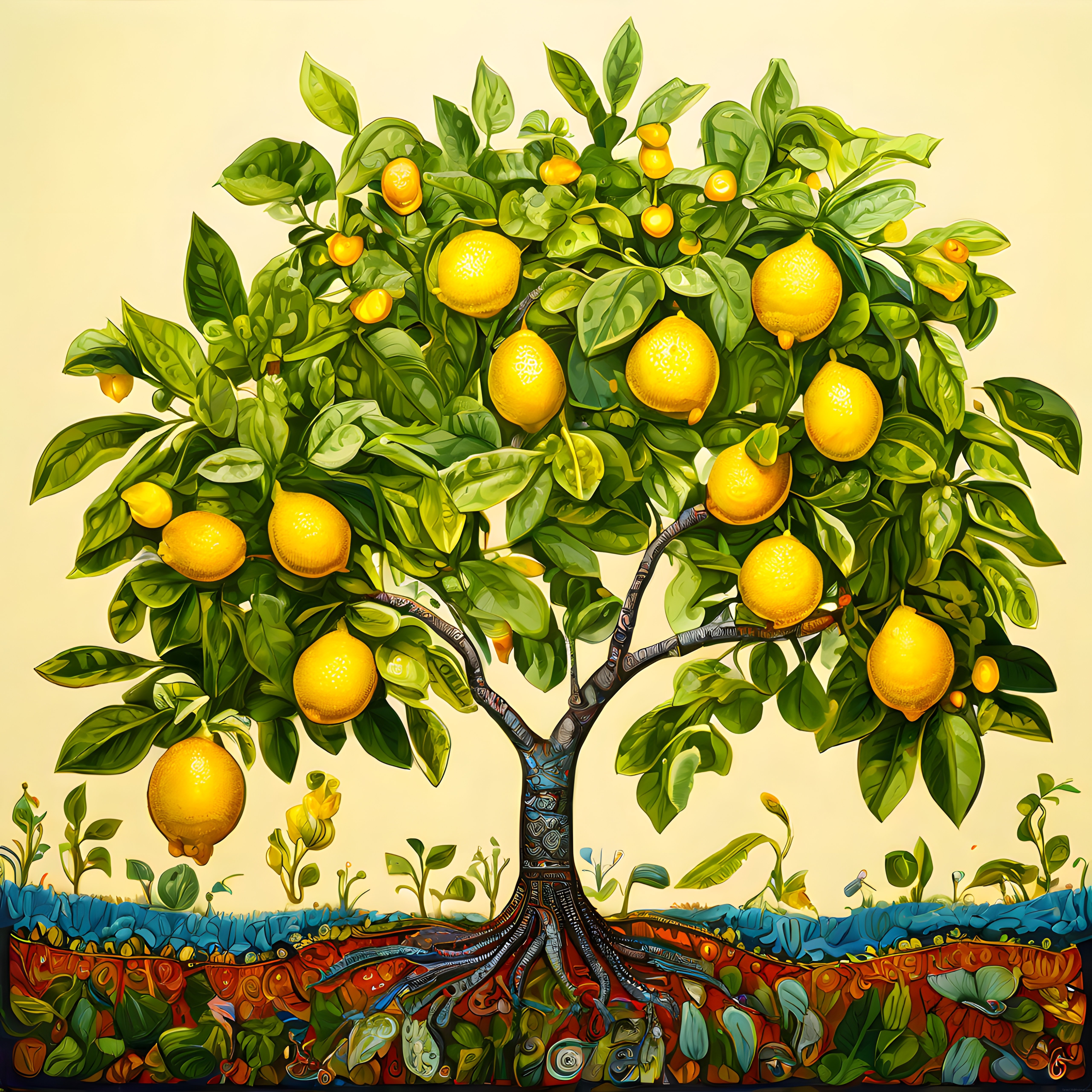 Rüya Gibi Limon Ağacı Dijital Sanat Çalışması ve Süslemeli Kökler