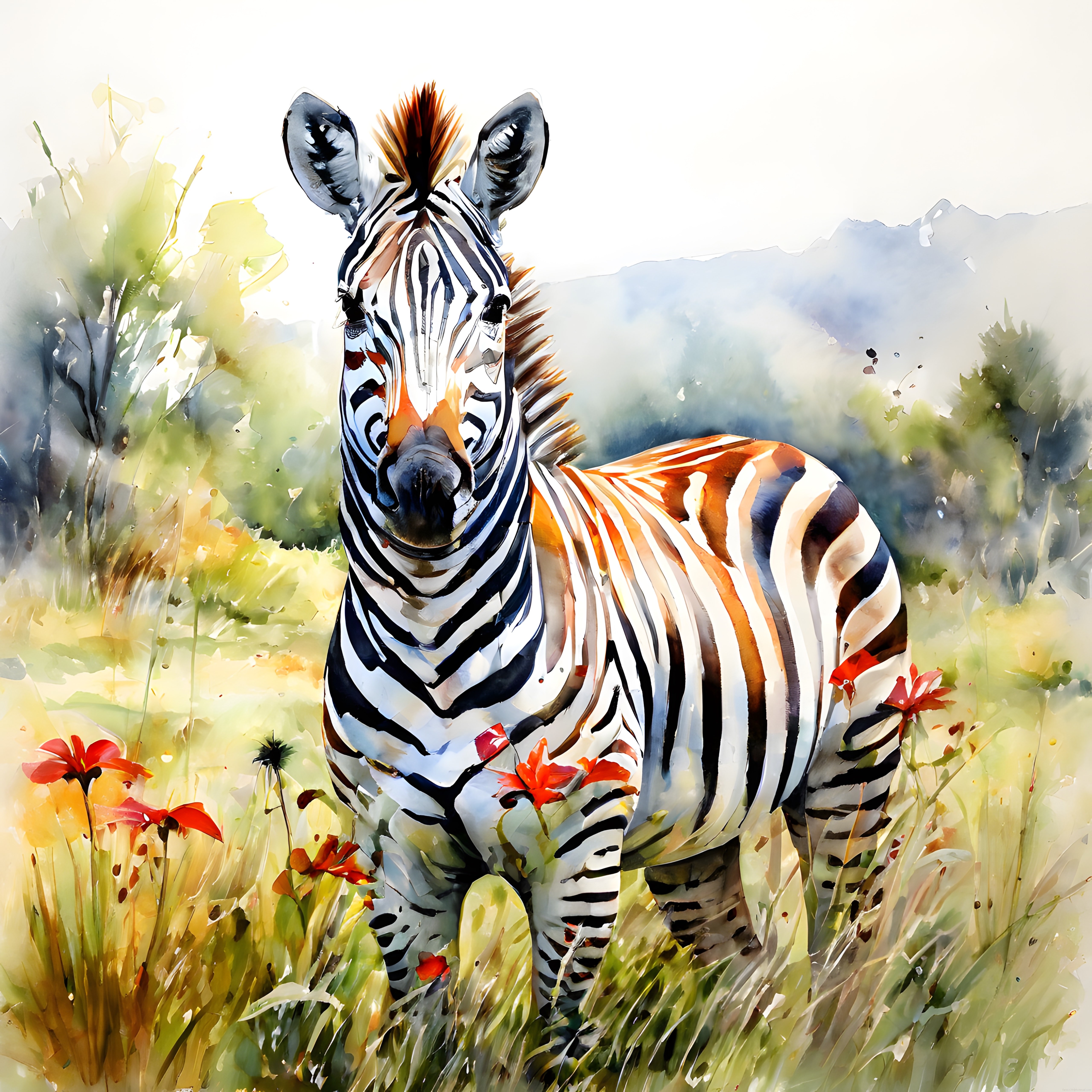 Rüya Gibi Suluboya Efektiyle Çimenler Arasında Beyaz Siyah Çizgili Zebra