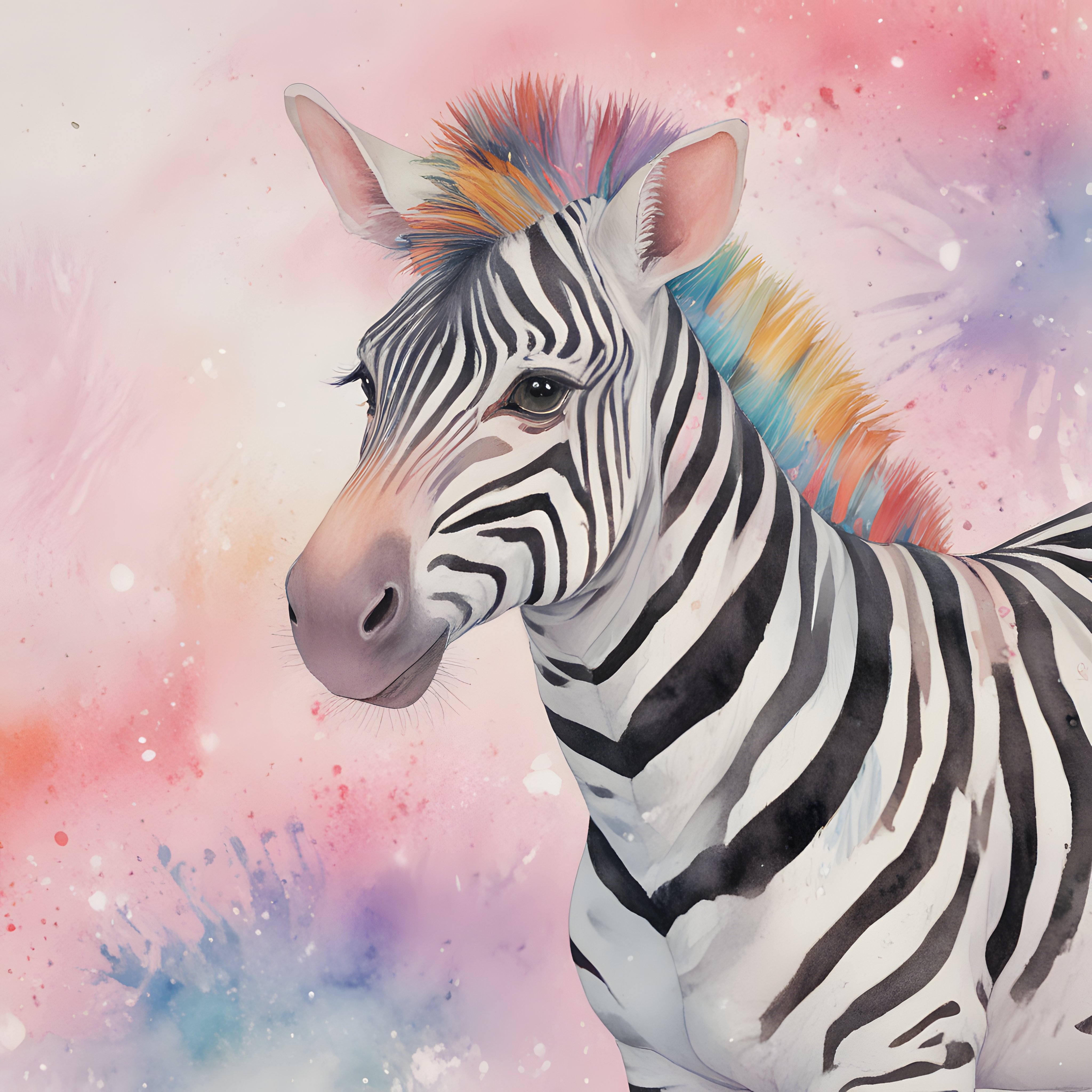 Rüya Gibi Suluboya Efektli Renkli Yeleli Pembe Arka Planlı Zebra Resmi