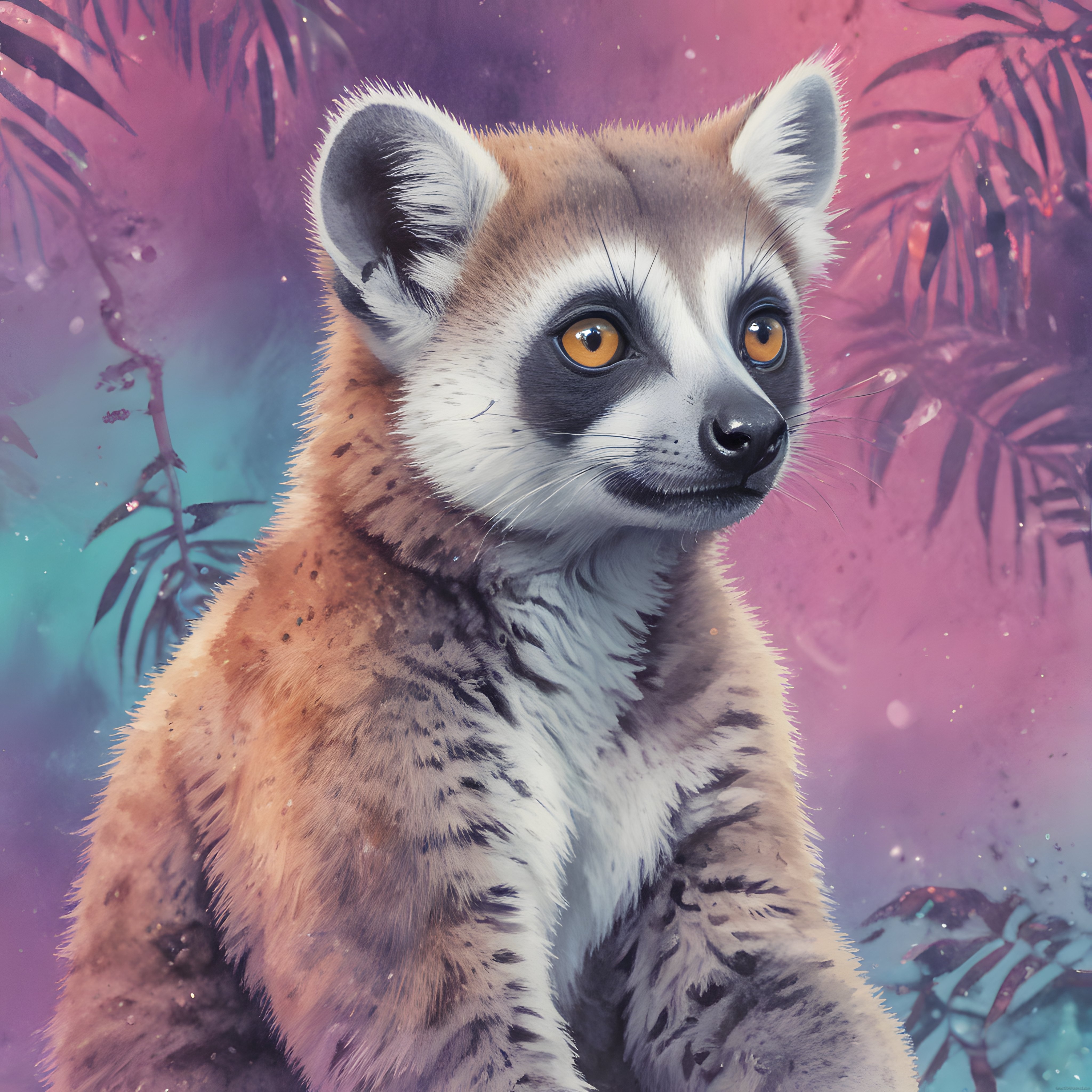 Rüya gibi tropikal atmosferde, büyüleyici turuncu gözlü lemur portresi.