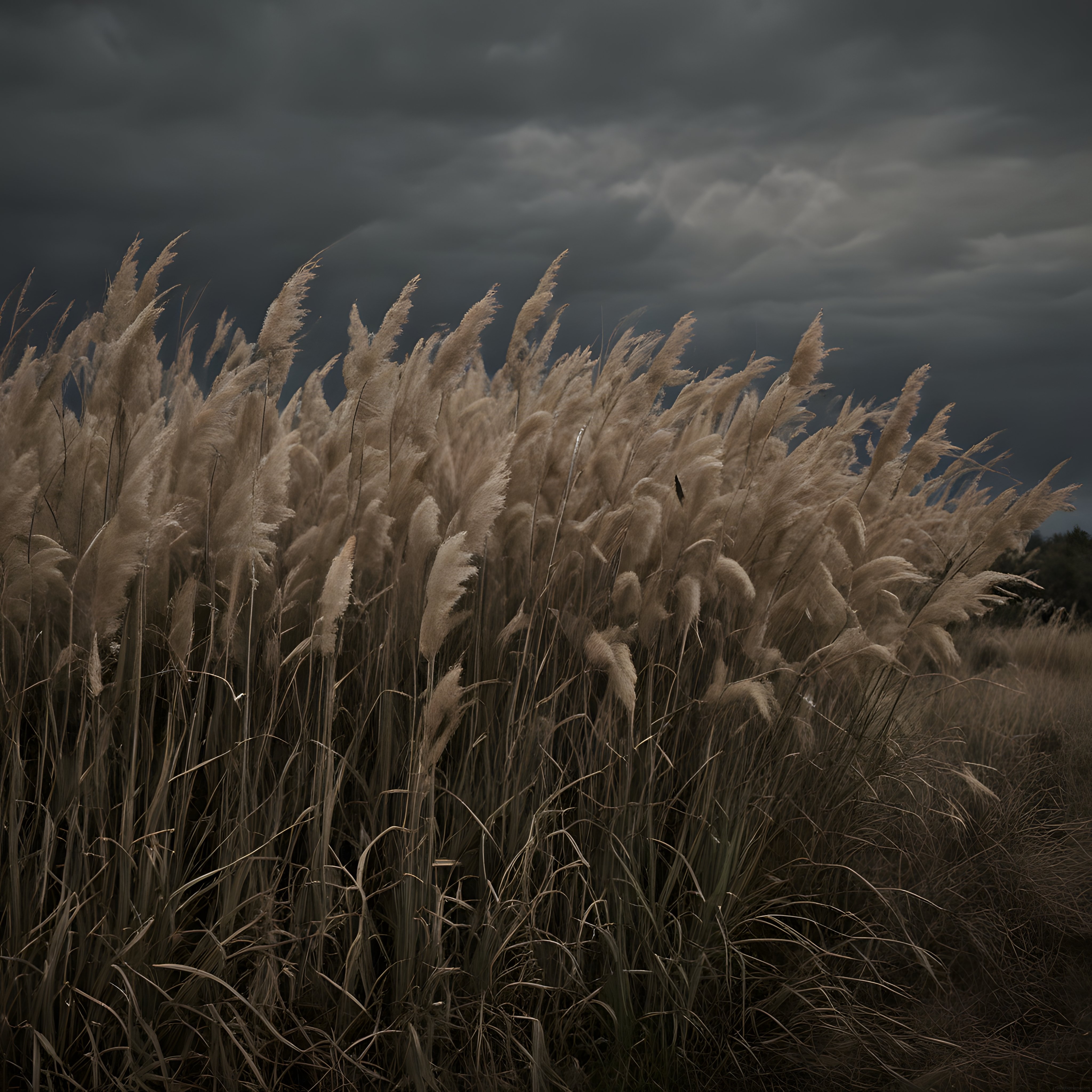Rüzgarda Dalgalanan Pampas Otları ve Kasvetli Fırtına Gökyüzü Manzarası
