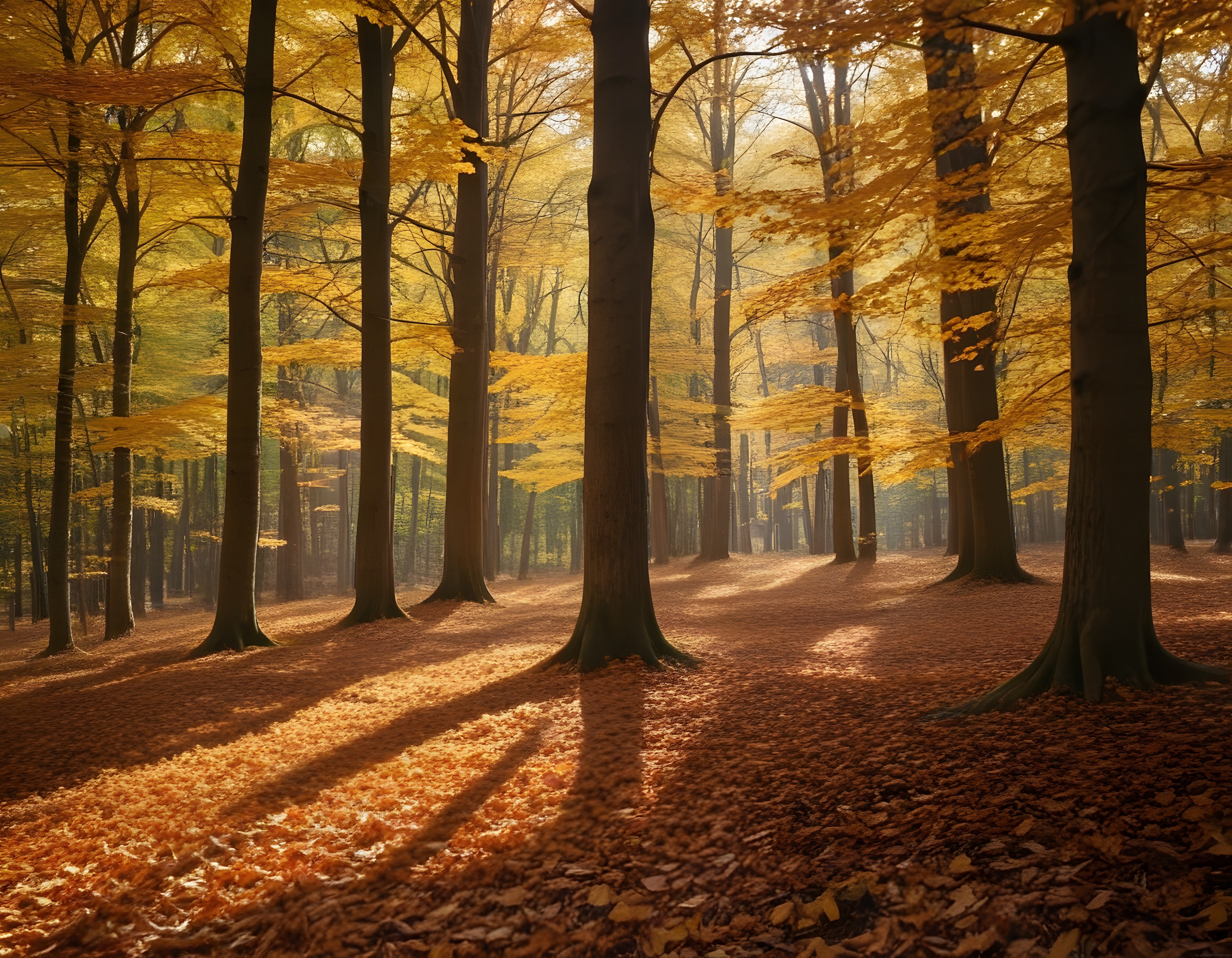 Sabah Işığıyla Aydınlanan Altın Yapraklı Sonbahar Ormanının Büyüleyici Manzarası