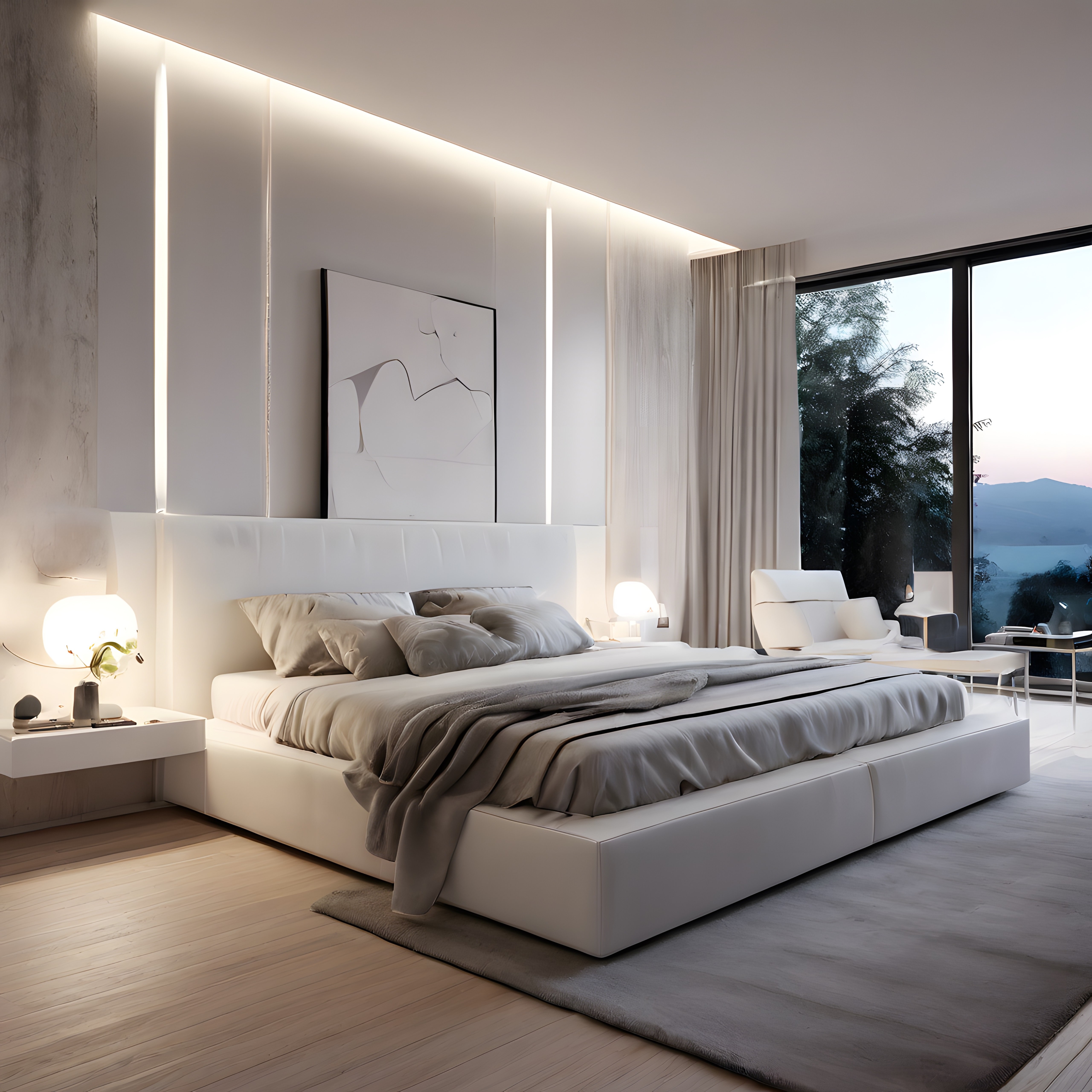 Sabah ışığıyla büyüleyici manzaralı minimalist lüks yatak odası dekorasyonu