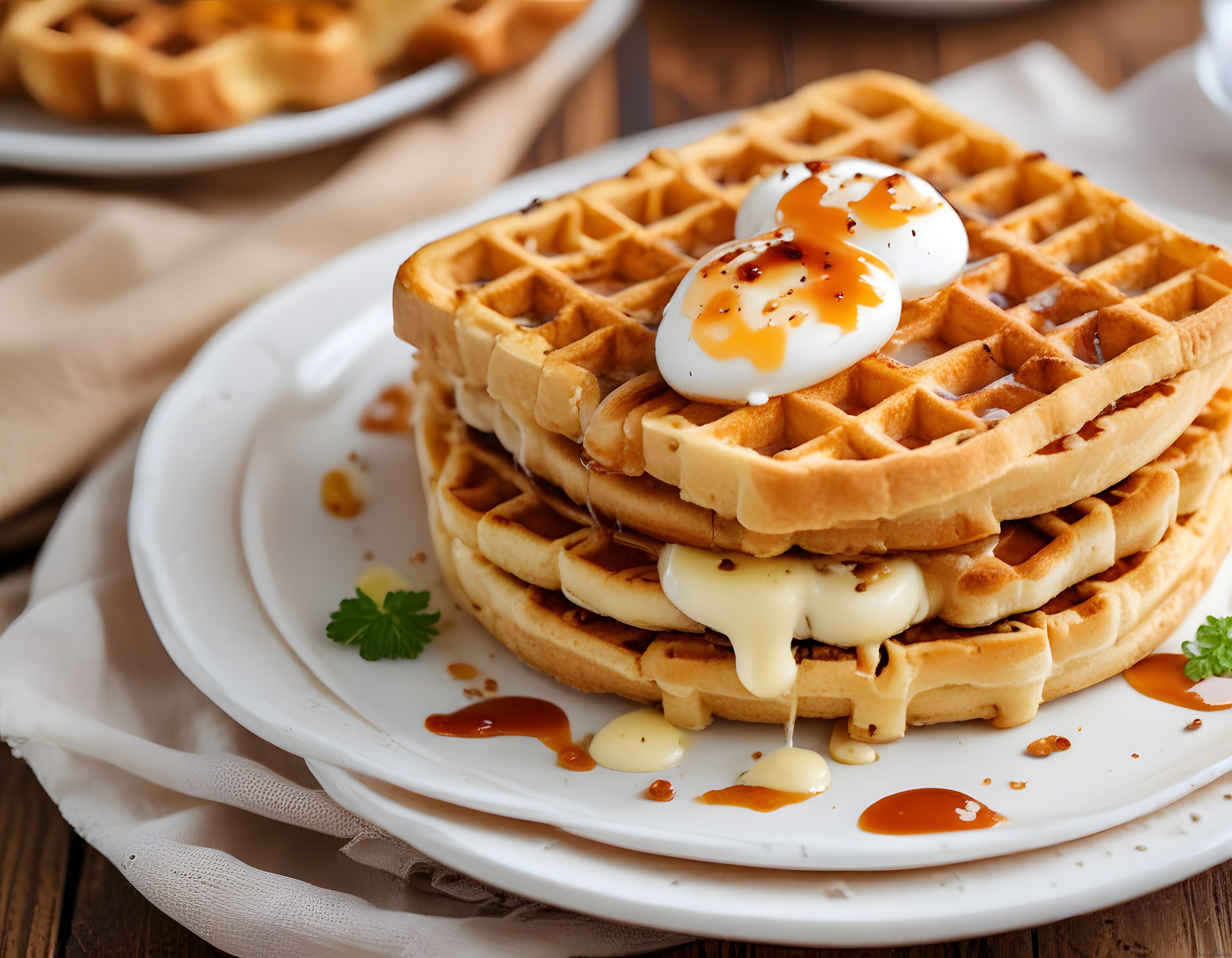 sabah kahvaltısında kızarmış waffle üzerine soslu poşe yumurta sunumu