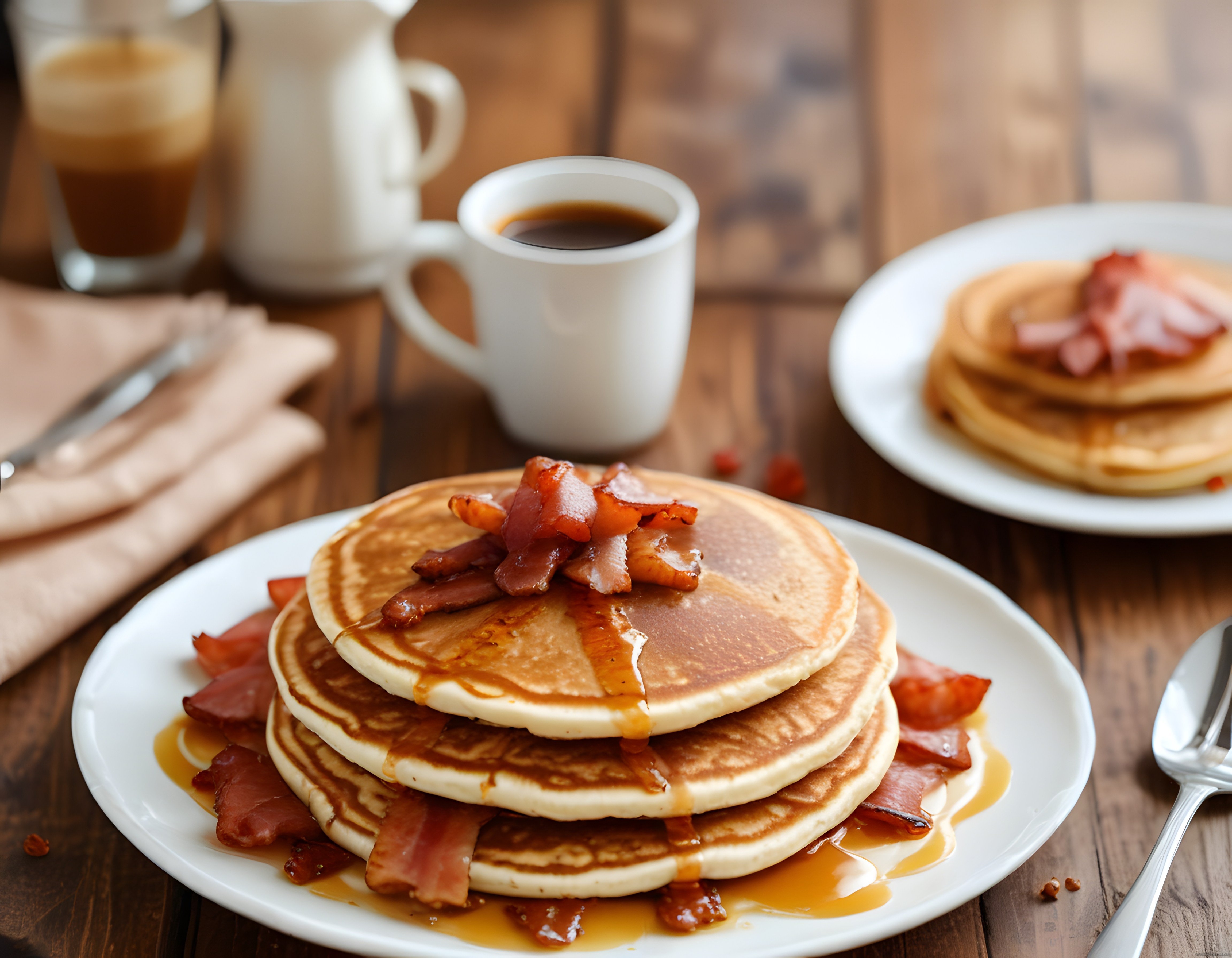 Sabah Kahvaltısında Şurup Akıtan Pancake Bacon Tabağı ve Sıcak Kahve
