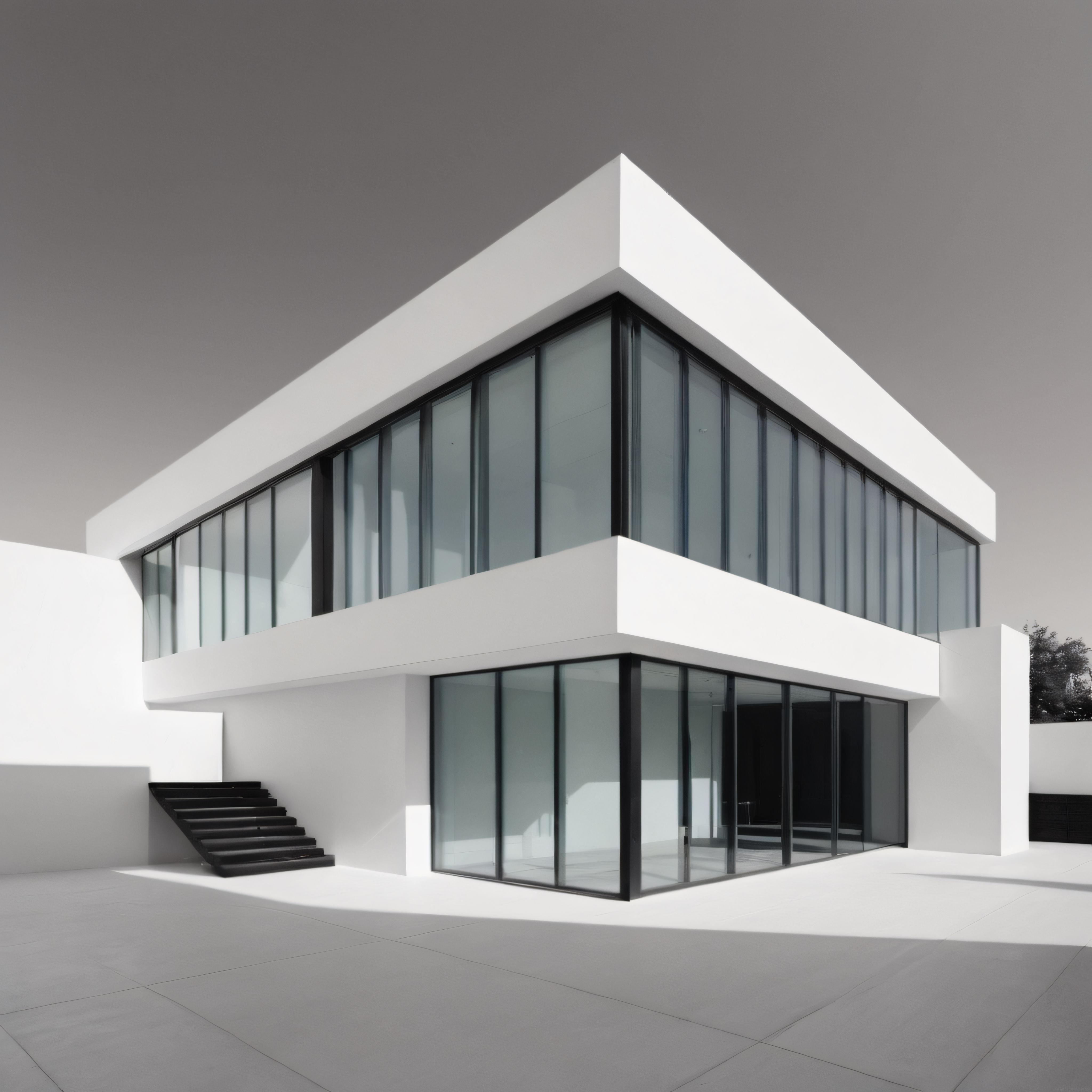 Sade çizgiler ve cam detaylarla öne çıkan beyaz modern mimari villa