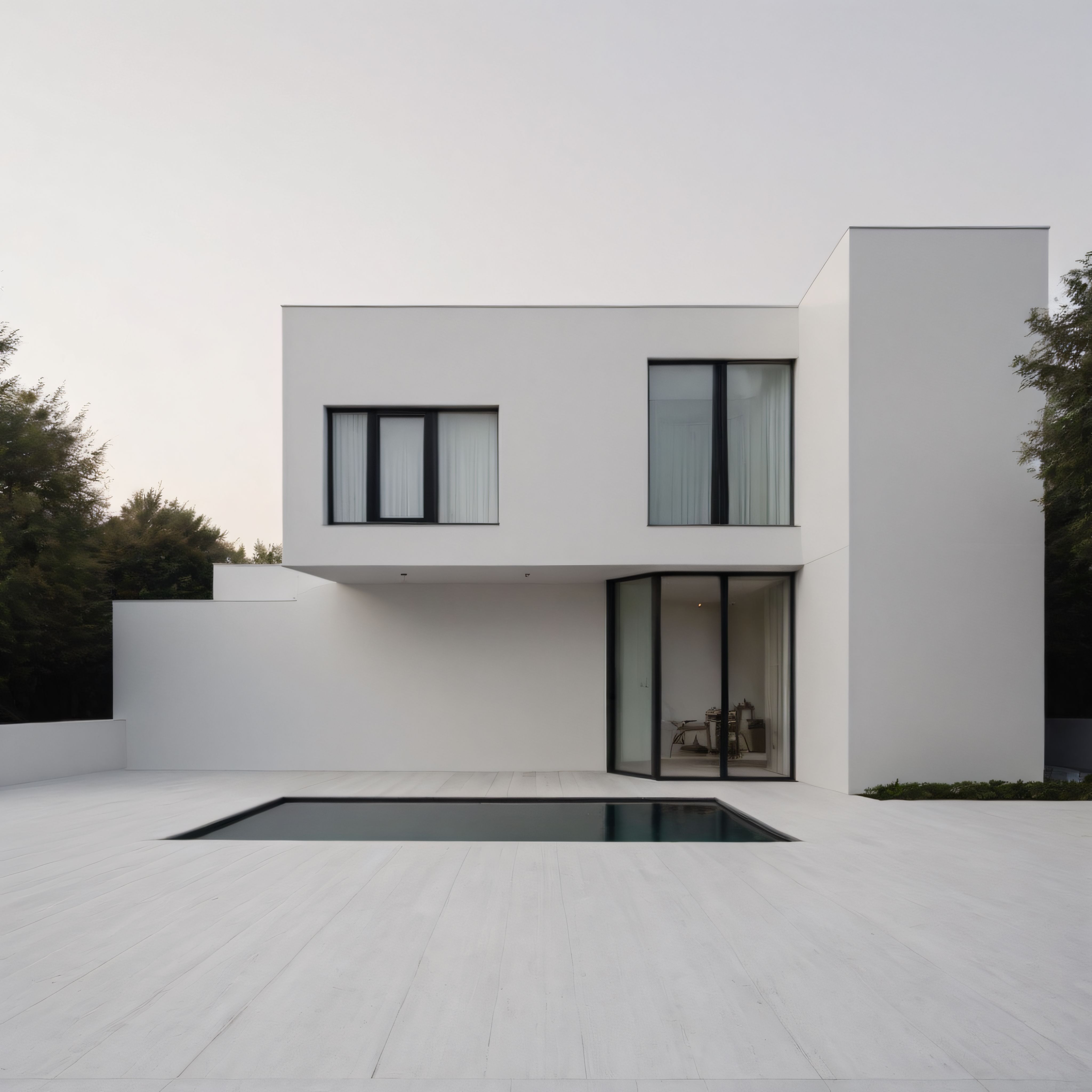 Sade Çizgilerle Harmanlanmış Lüks Beyaz Villa ve Sessiz Havuz Manzarası