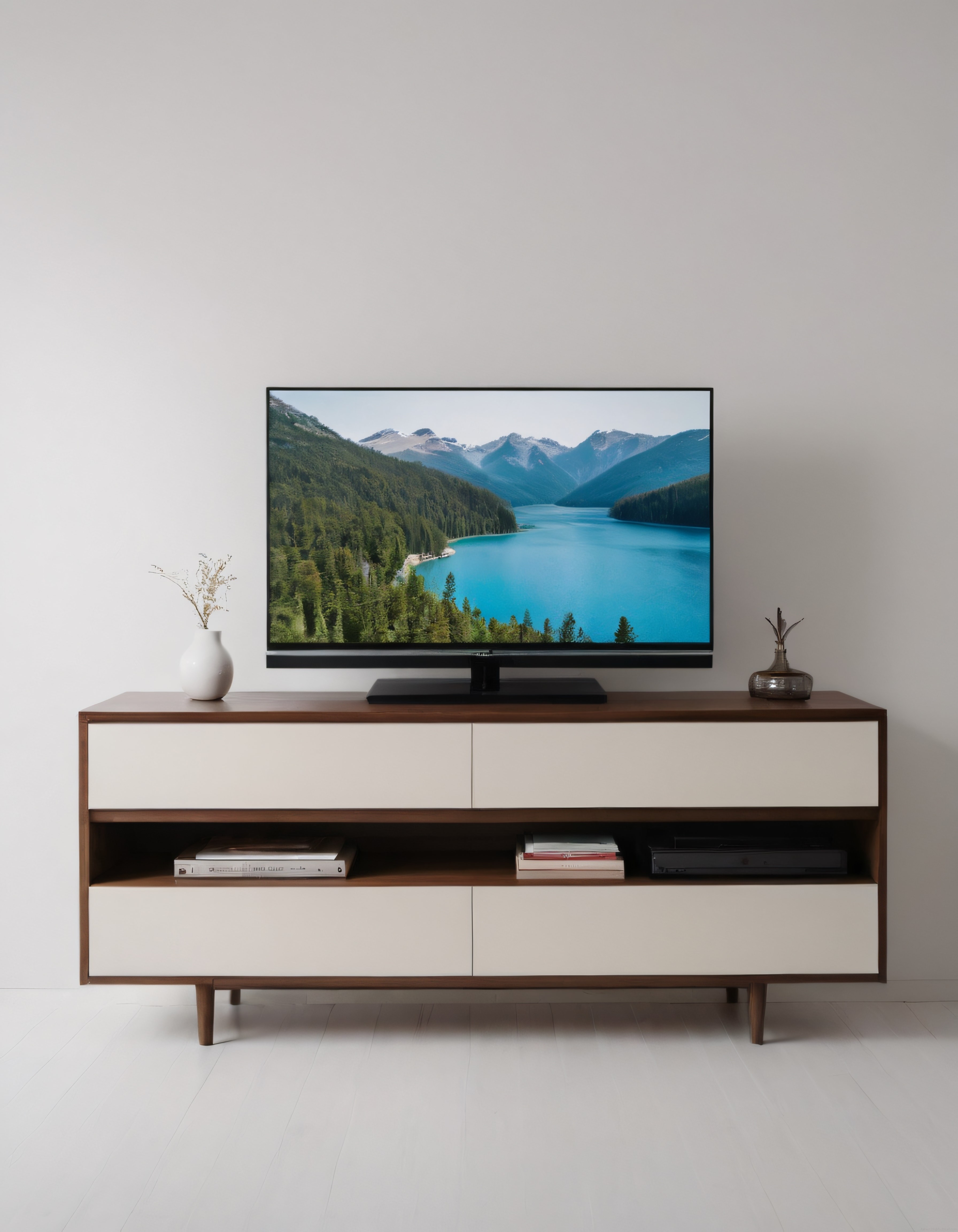 Sade ve modern salon köşesinde göl manzaralı minimalist tv ünitesi