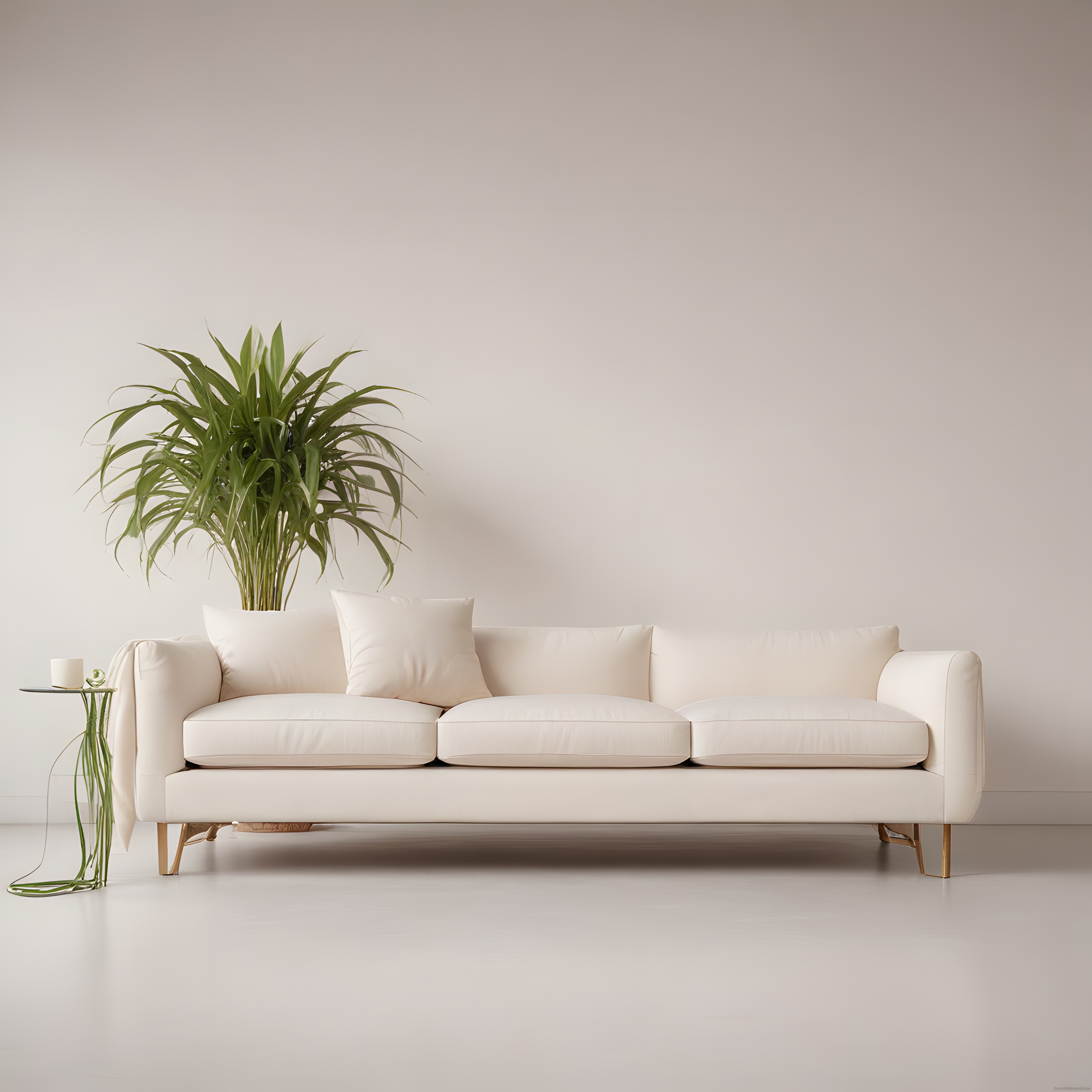 Sade ve Şık Minimalist Salon Dekoru Beyaz Kanepe ve Yeşil Bitkiyle