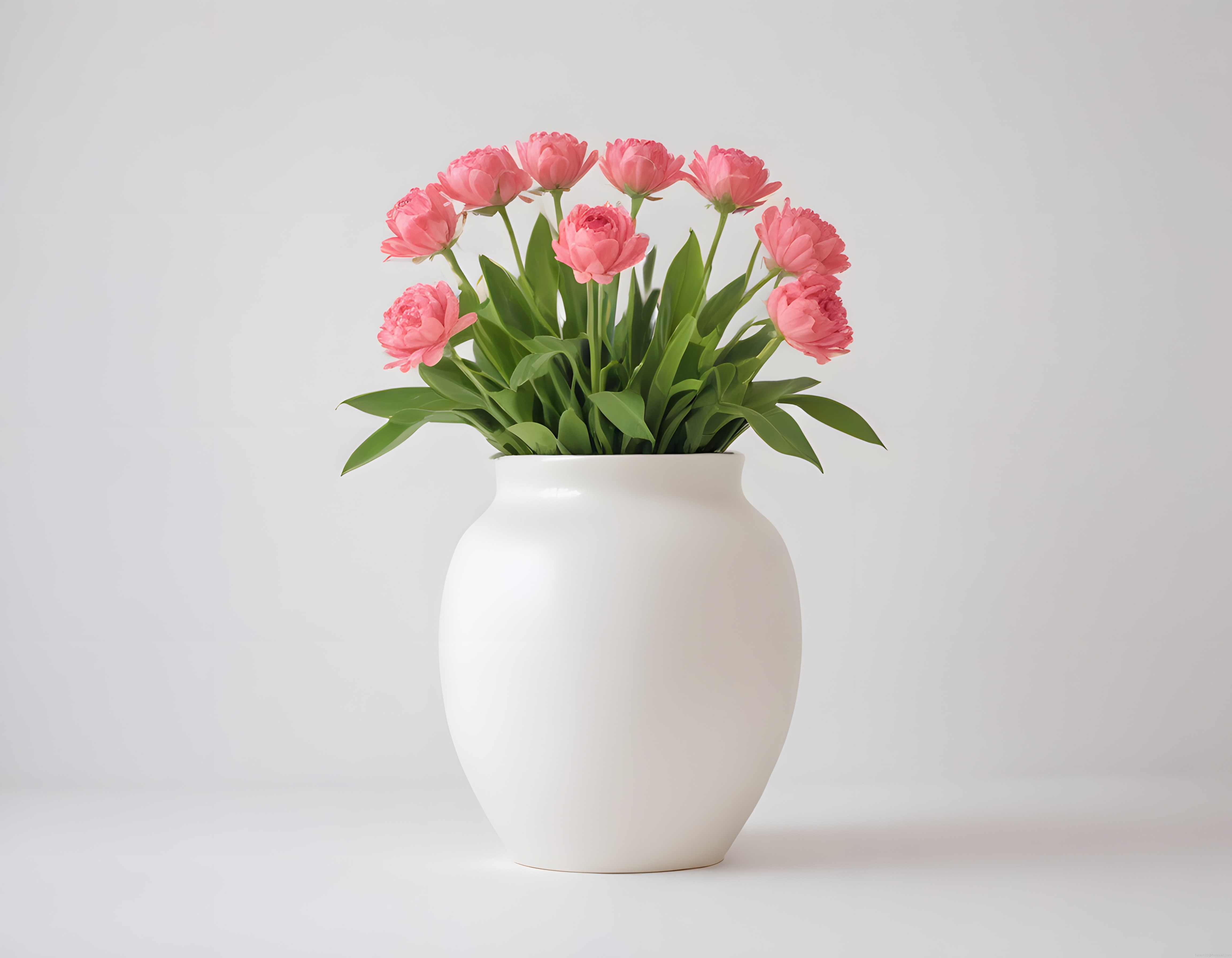 Saf beyaz arka plan üzerinde pembe lalelerle süslenmiş minimalist seramik vazo