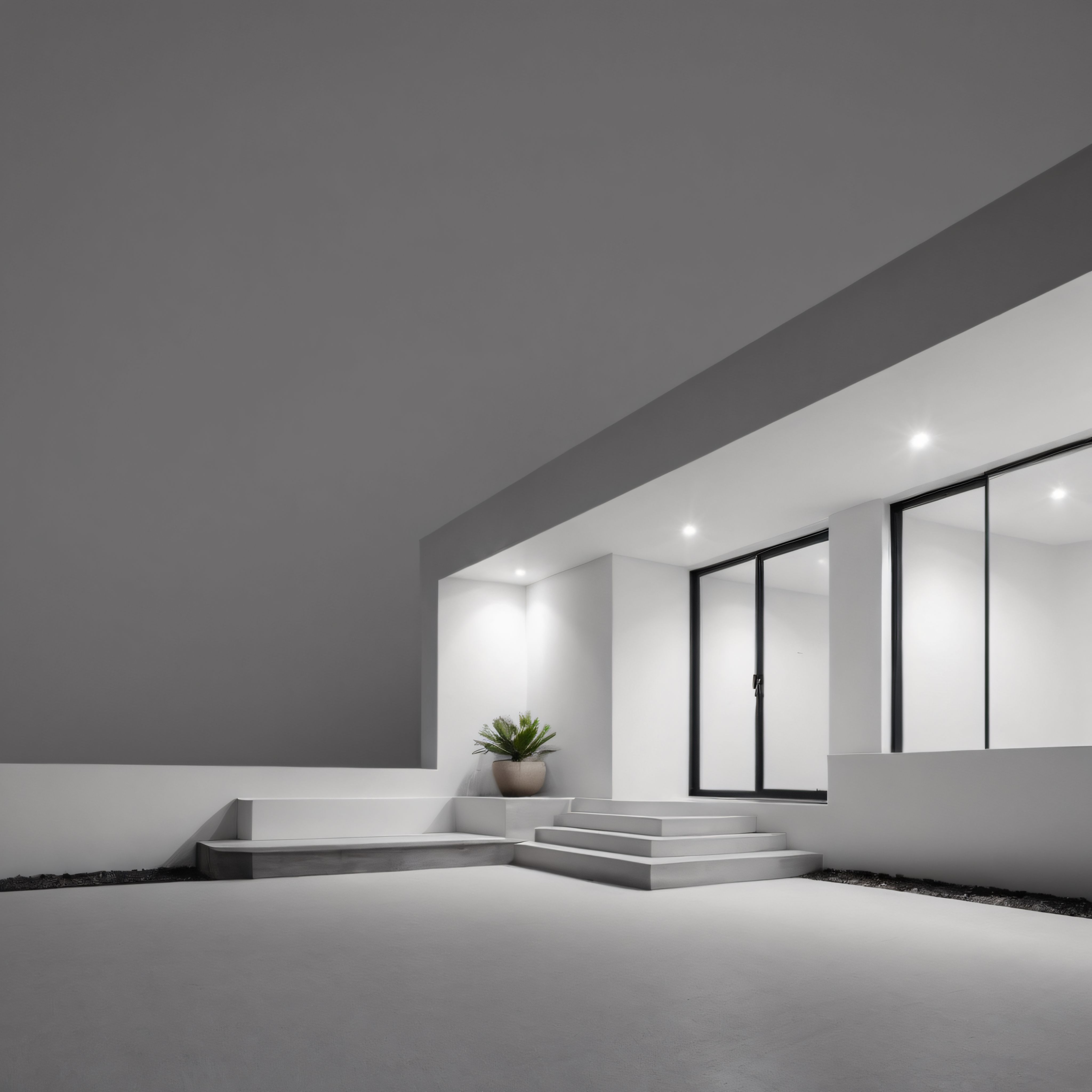 saf beyaz beton yüzeyler geometrik basamaklar ve sade çizgilerle modern konut mimarisi