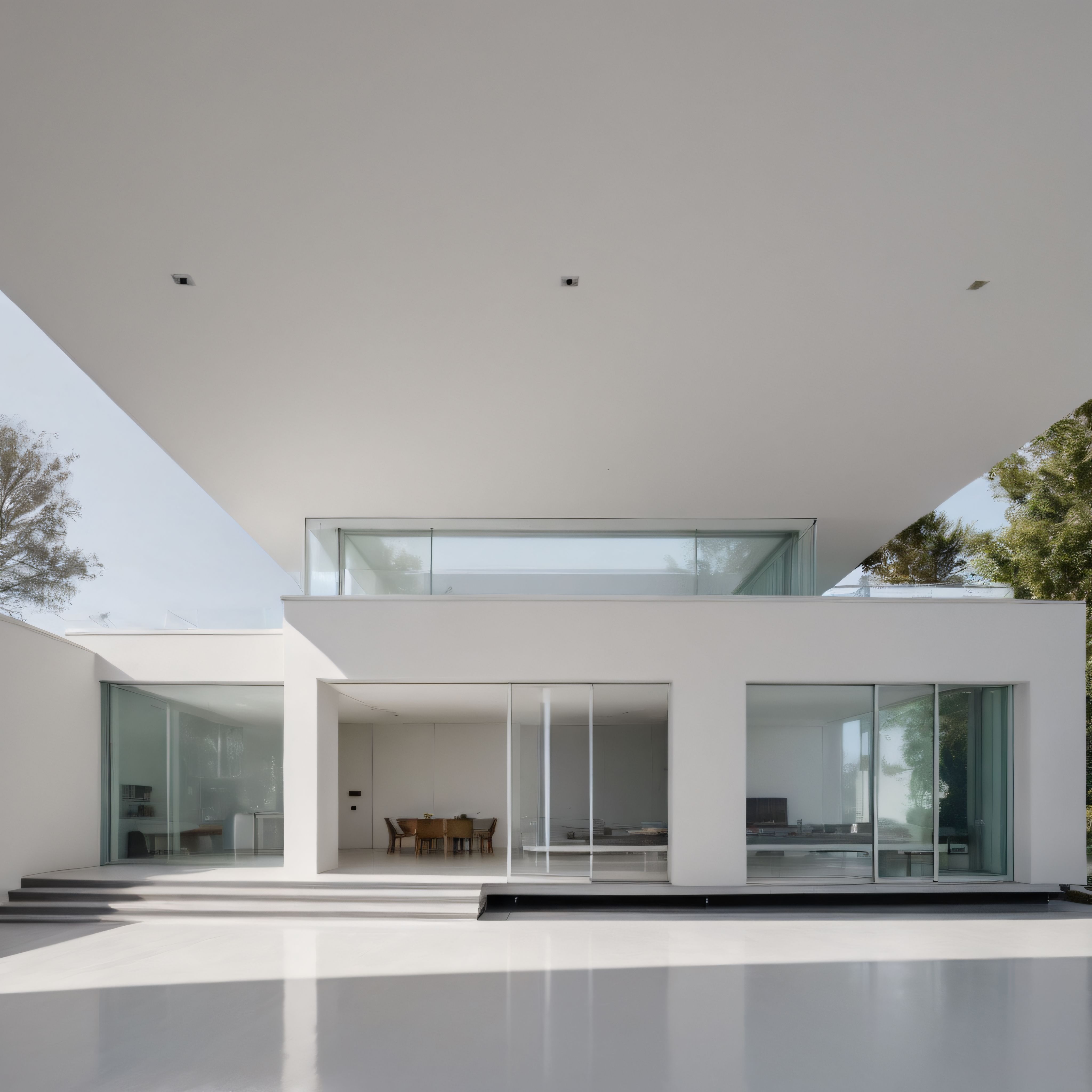 Saf Beyaz Cepheli Modern Villa: Minimalist Mimari ve Büyük Cam Pencereler
