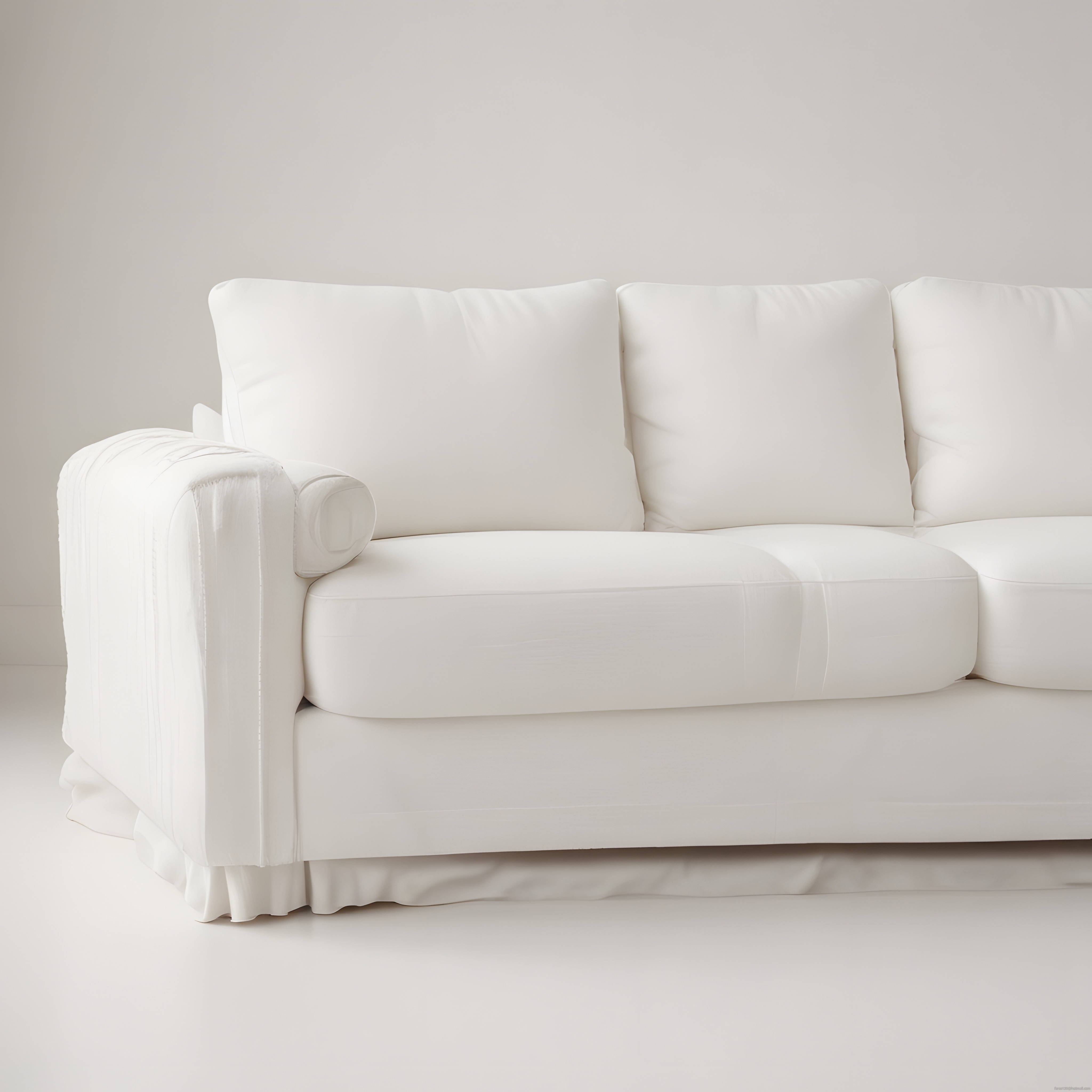 Saf Beyaz Kumaş Kanepe ve Minimalist İç Mekan Dekorasyonuyla Sakin Atmosfer