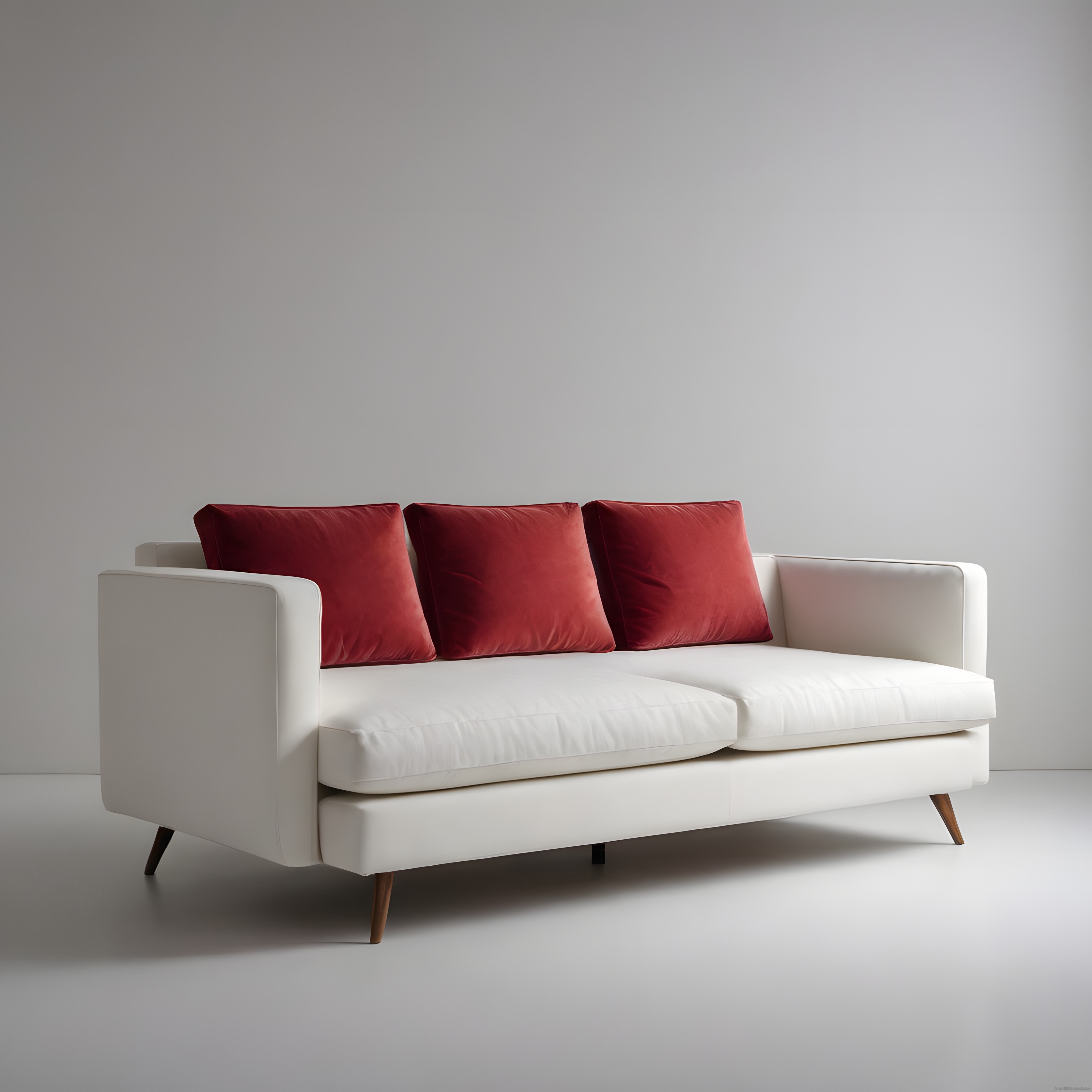 Saf Beyaz Modern Kanepe ve Kırmızı Kadife Yastıklarla Minimalist Salon Dekoru