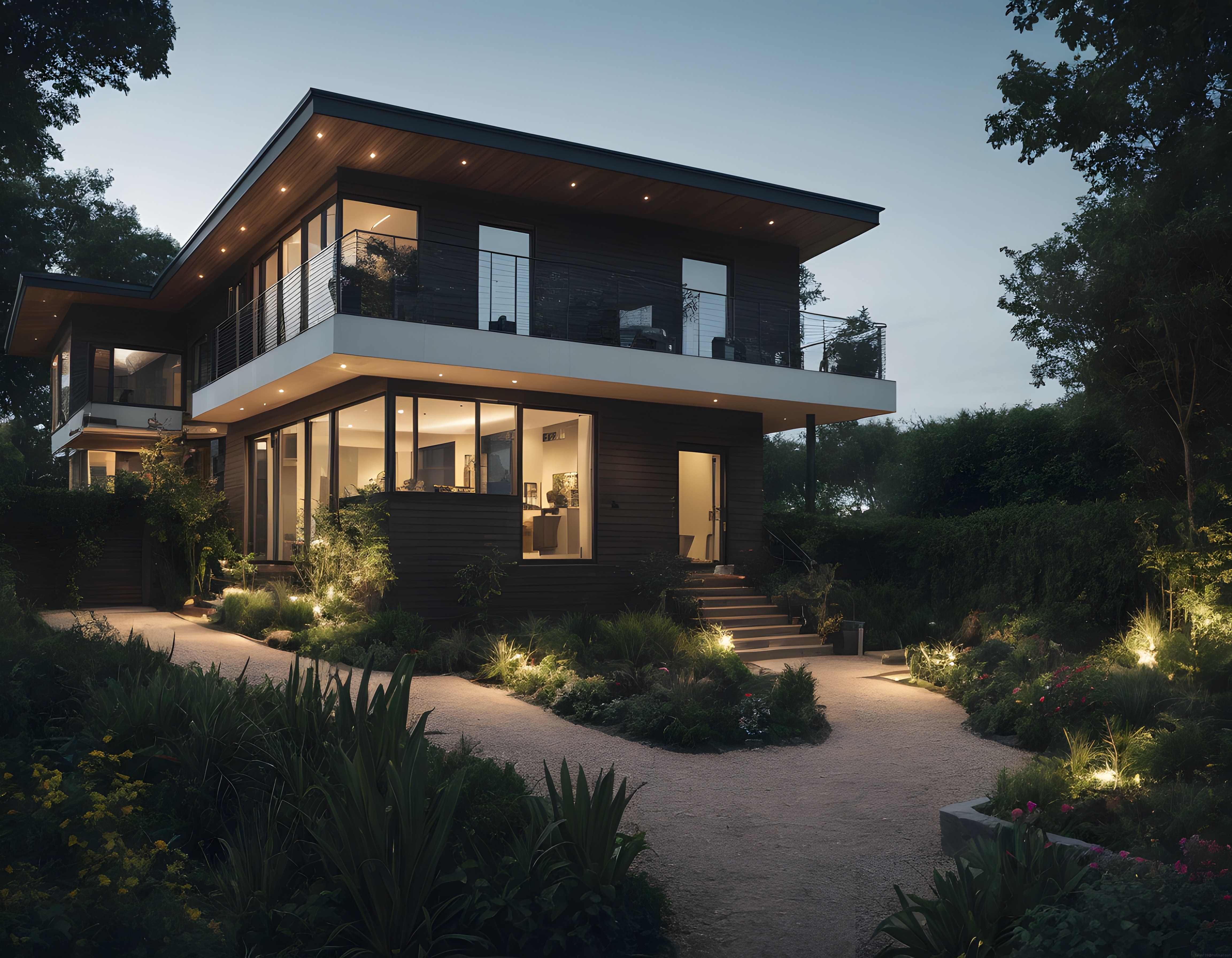 Şafak Vaktinde Orman İçinde Cam Cepheli ve Ahşap Detaylı Modern Lüks Villa