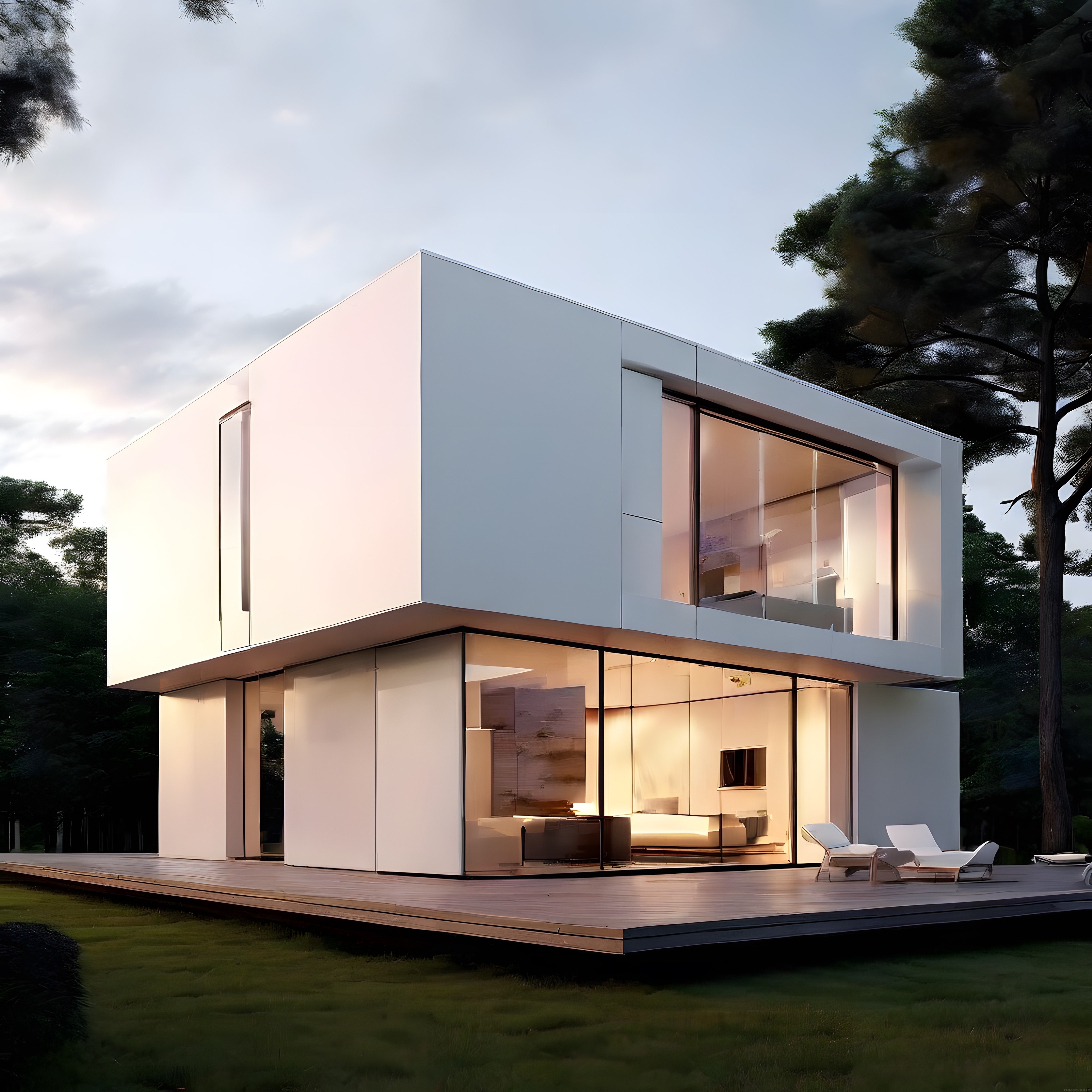 Şafak Vaktinde Ormanda Yer Alan Modern Minimalist Cam Cepheli Lüks Villa