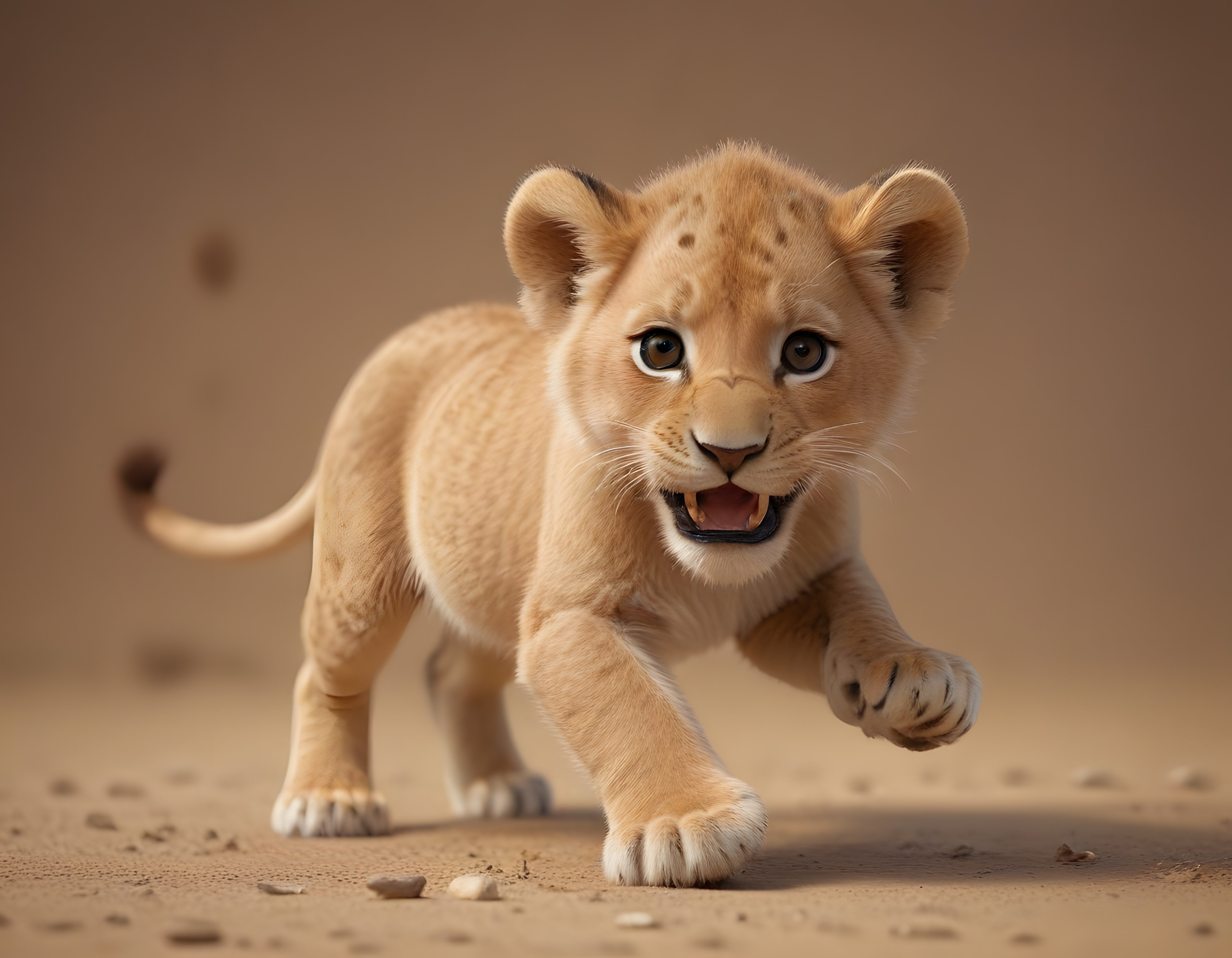 Safari Ortamında Kahverengi Arka Planlı Sevimli Aslan Yavrusu Fotoğrafı