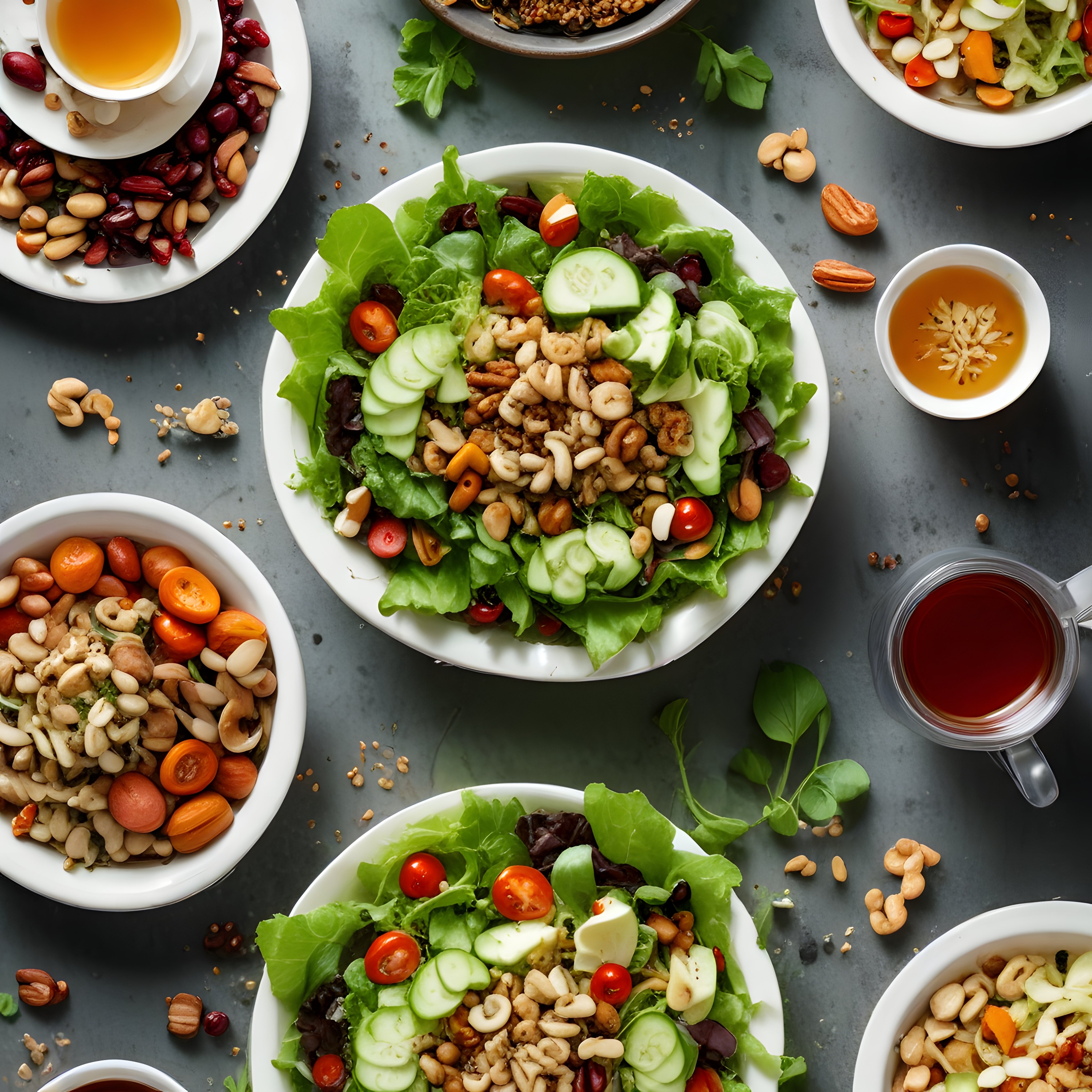 Sağlıklı beslenme konseptiyle taze yeşillik ve kuruyemişli salata kasesi