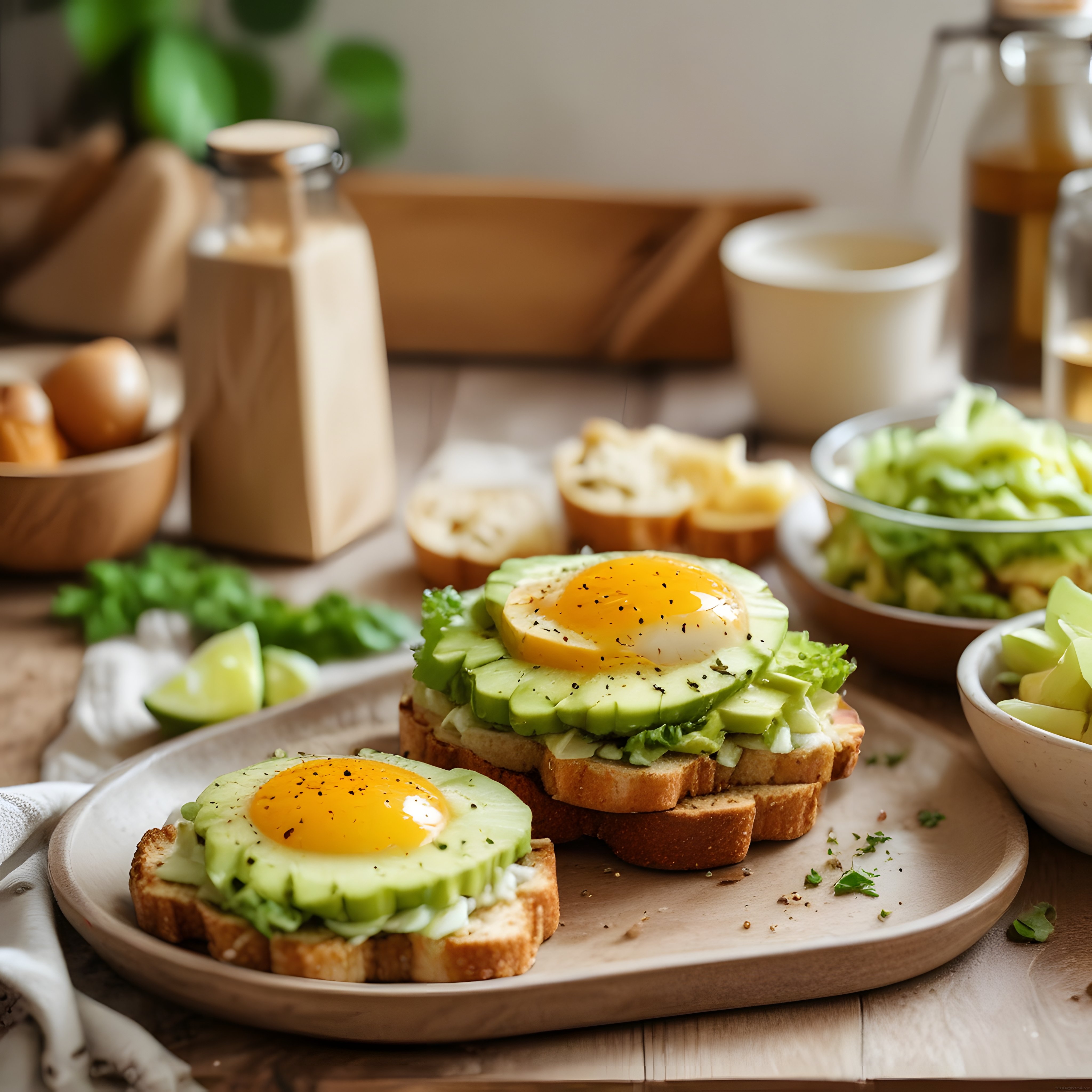 Sağlıklı Ev Yapımı Avokadolu Yumurtalı Ekmek ve Rustik Kahvaltı Sofrası