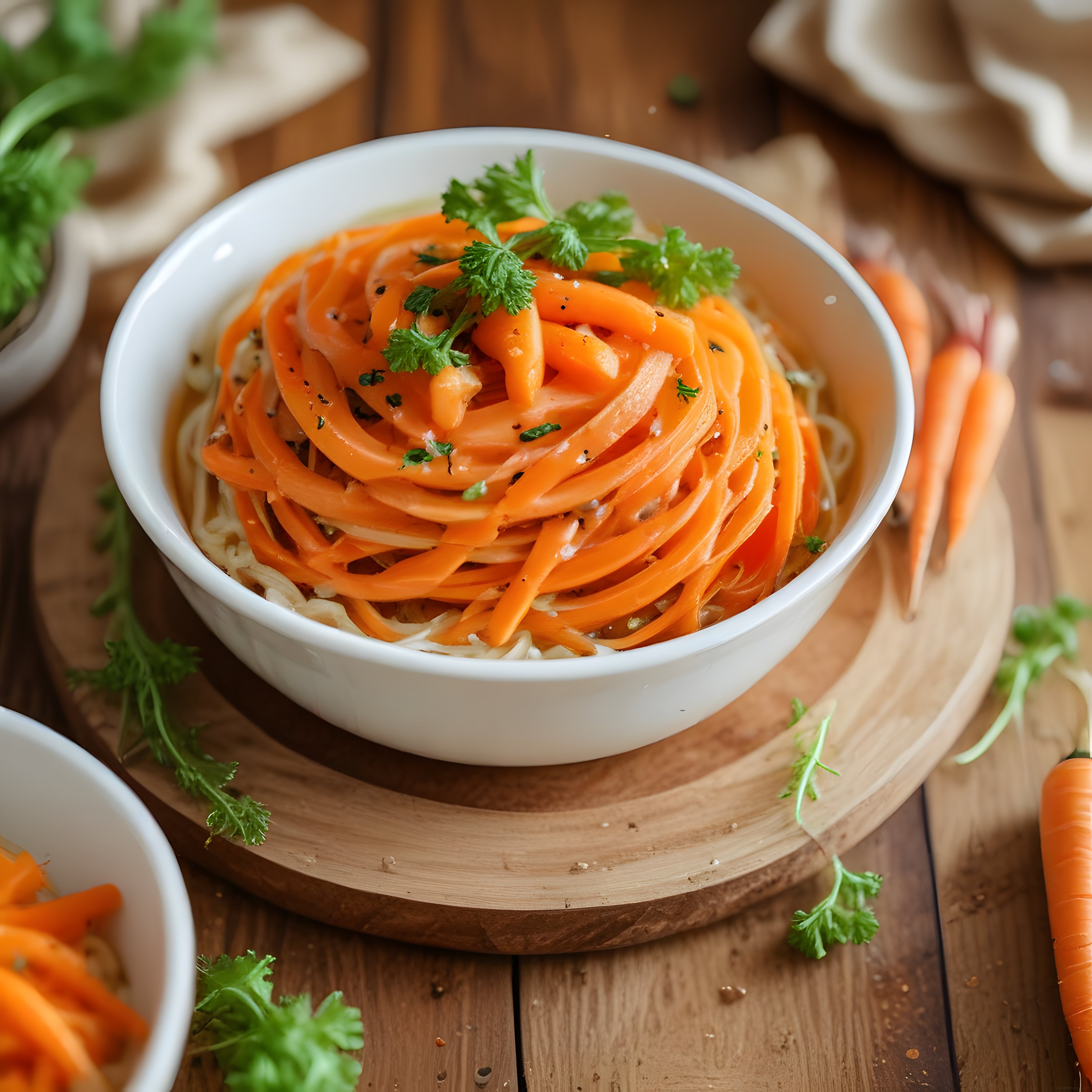 Sağlıklı havuç spagettisi, kişniş ve taze otlarla rustik ahşap sunum