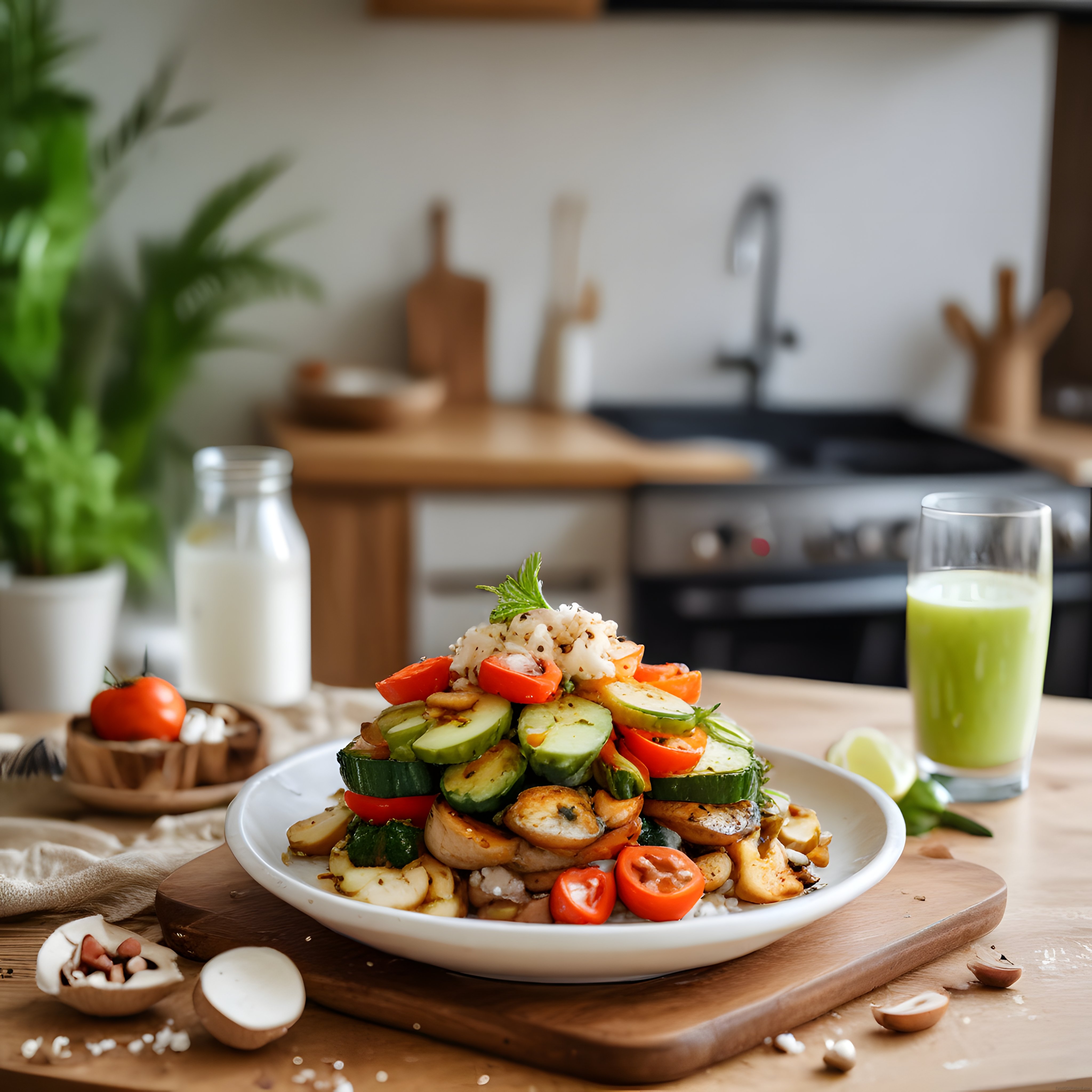 Sağlıklı Mutfakta Renkli Sebzeli Pirinç Bowl ve Yeşil Smoothie Sunumu