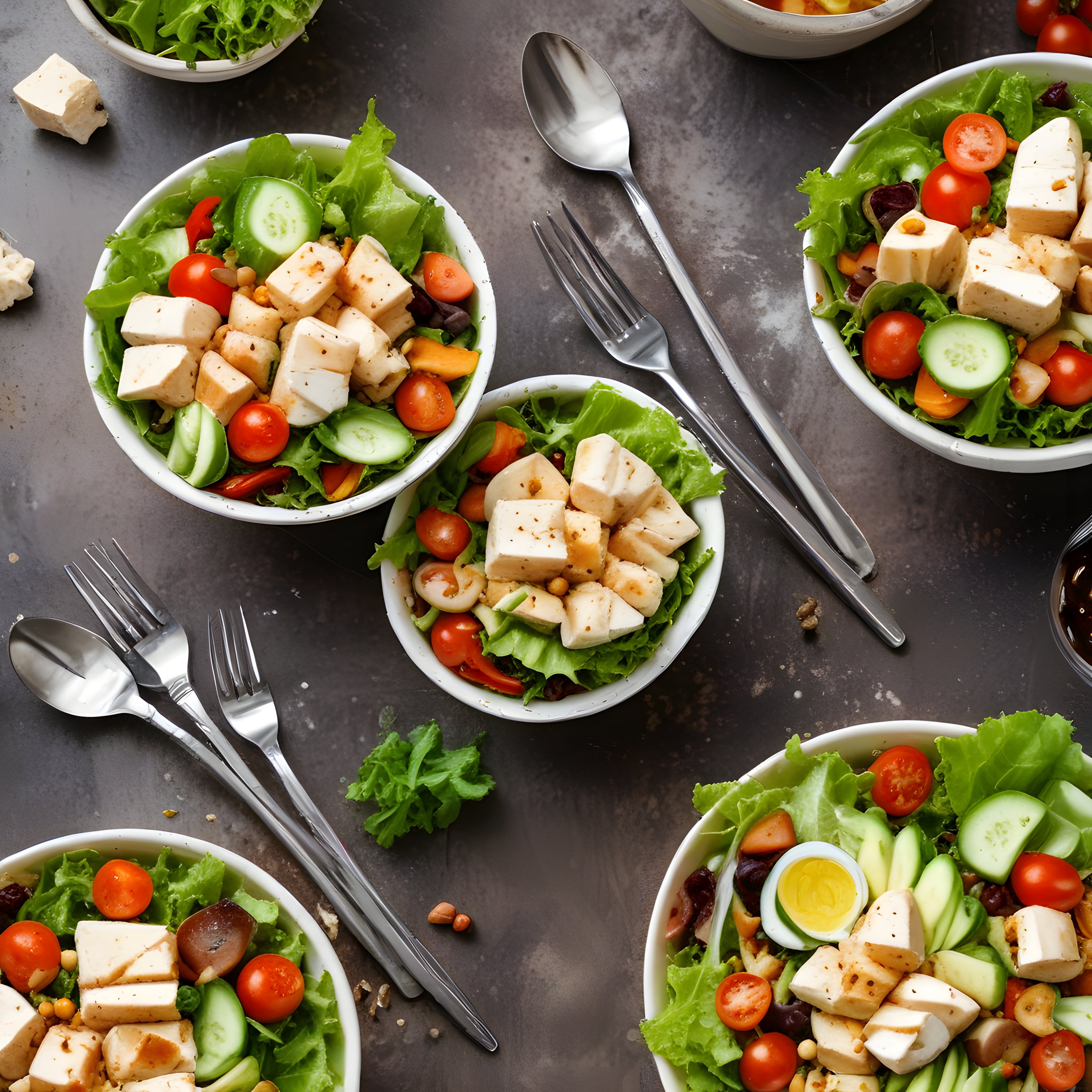 Sağlıklı Öğün Sunumu: Peynirli, Sebzeli ve Haşlama Yumurtalı Salata Kaseleri