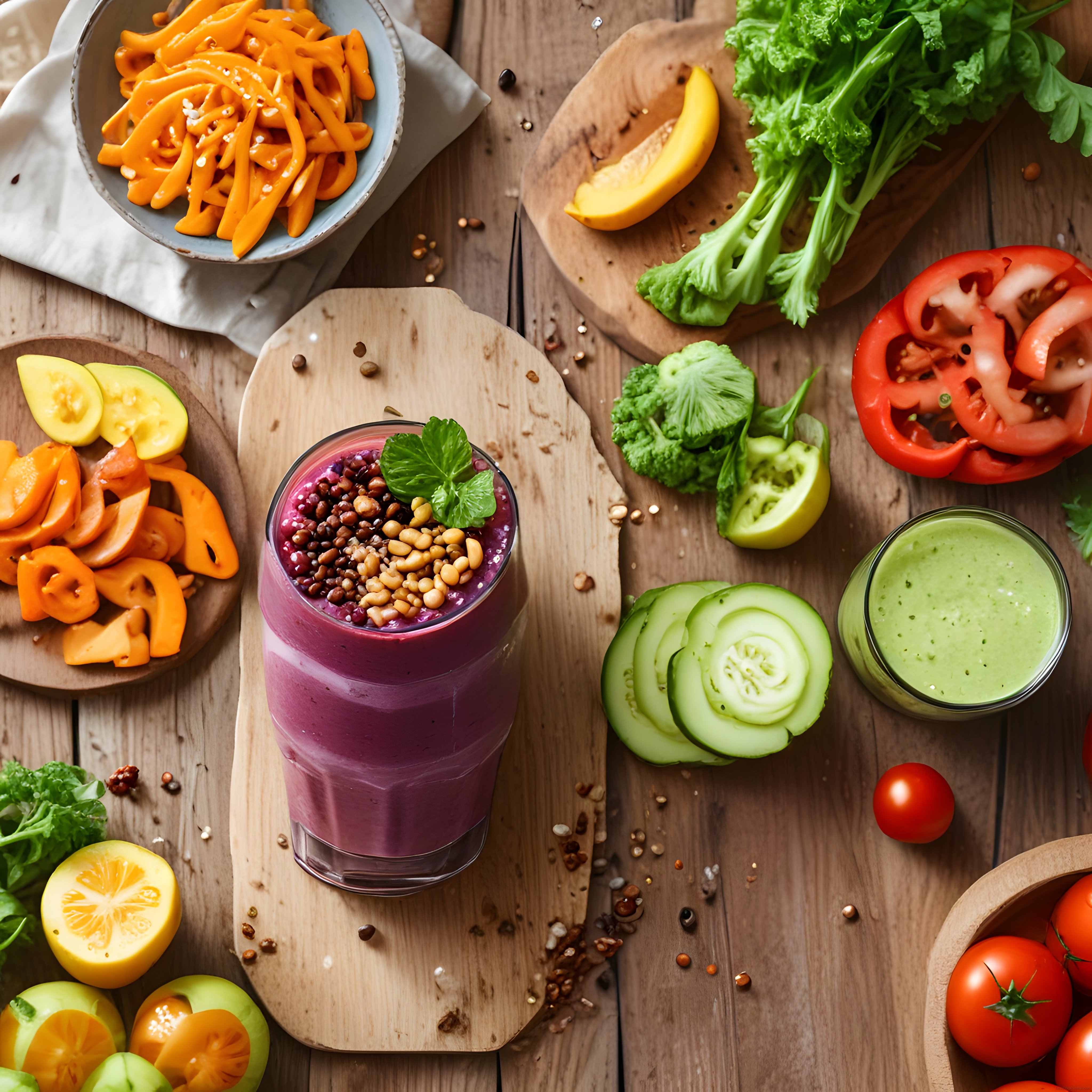 Sağlıklı Smoothie ve Taze Sebzelerle Dolu Renkli Mutfak Masası