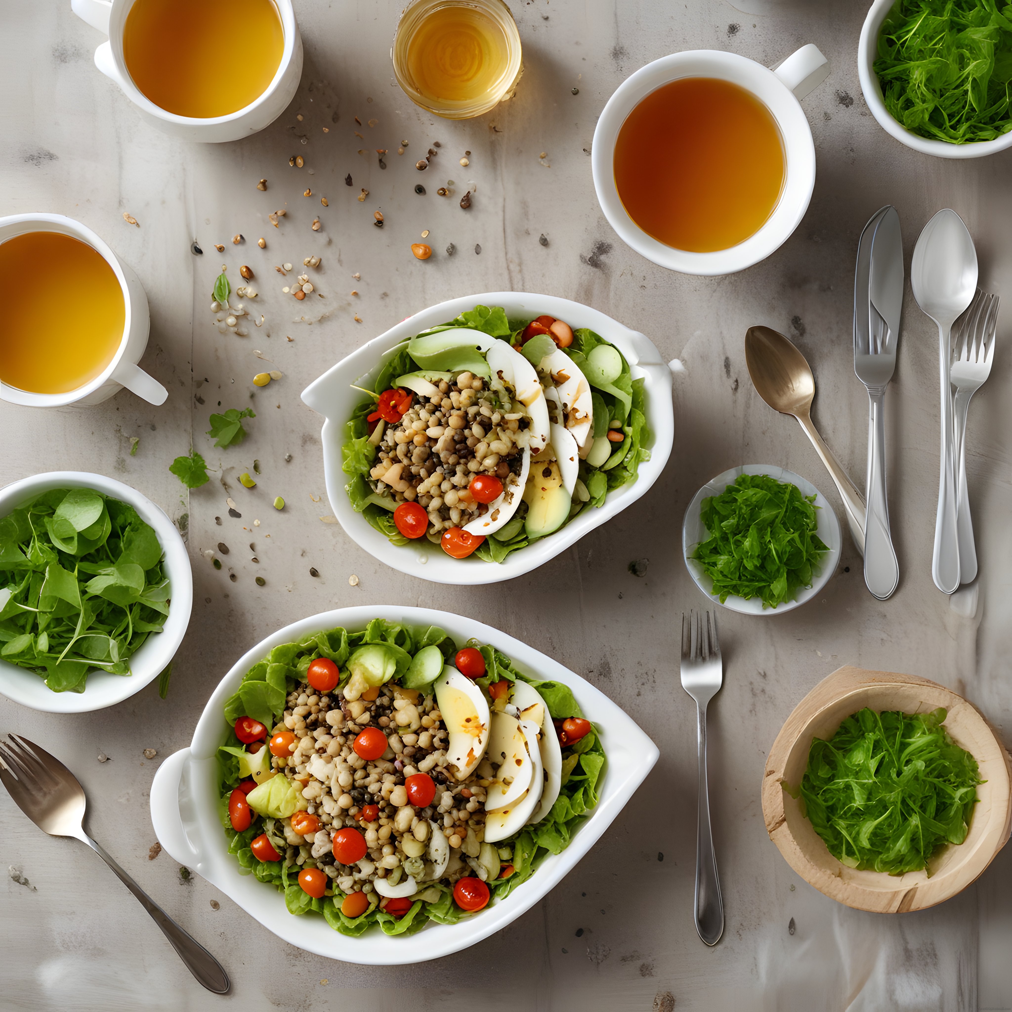 Sağlıklı Tahıl Salatası ve Yeşil Çay ile Sade Bir Sofra Düzeni