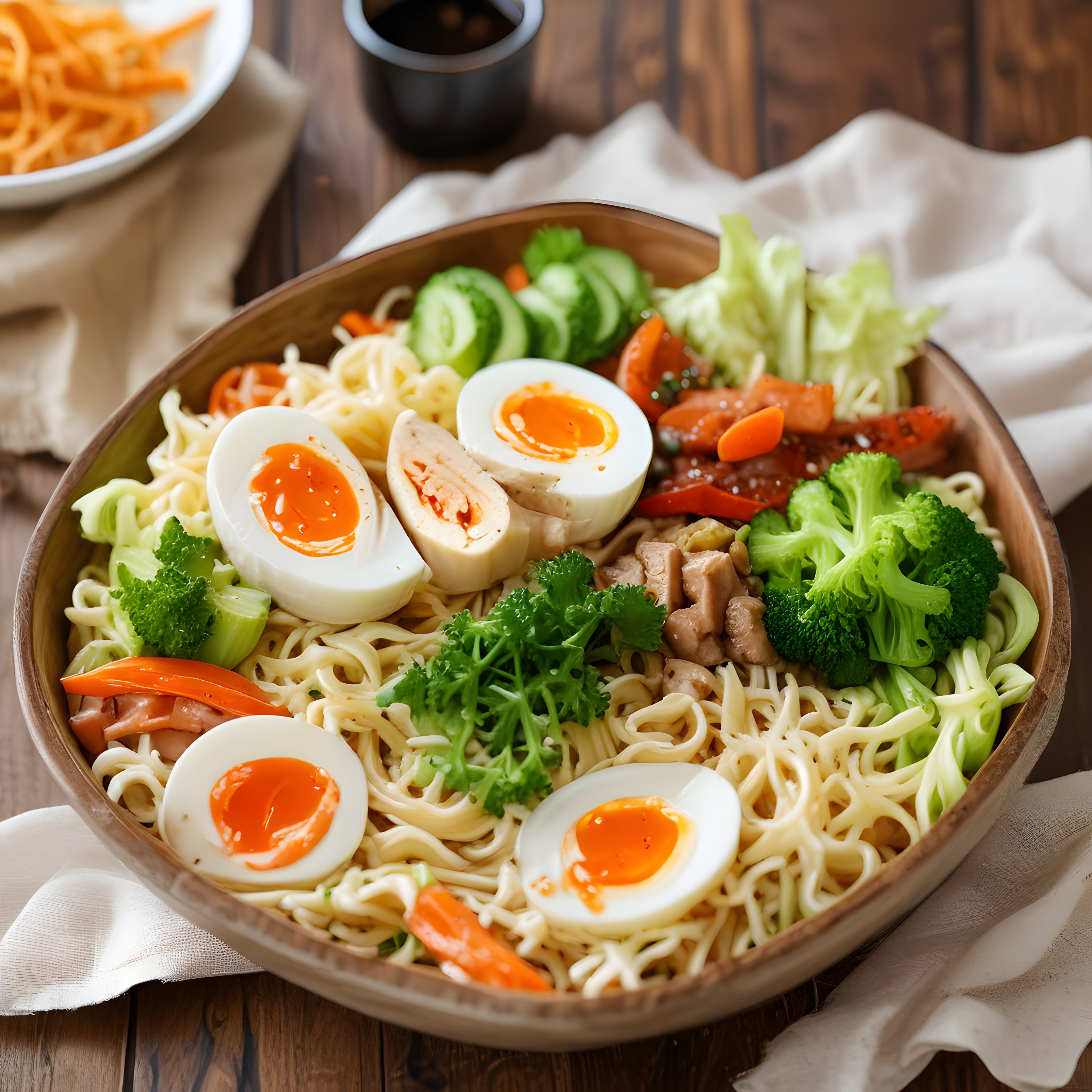 Sağlıklı Tavuklu Noodle Kasesi: Sebzeler ve Yarım Haşlanmış Yumurta ile