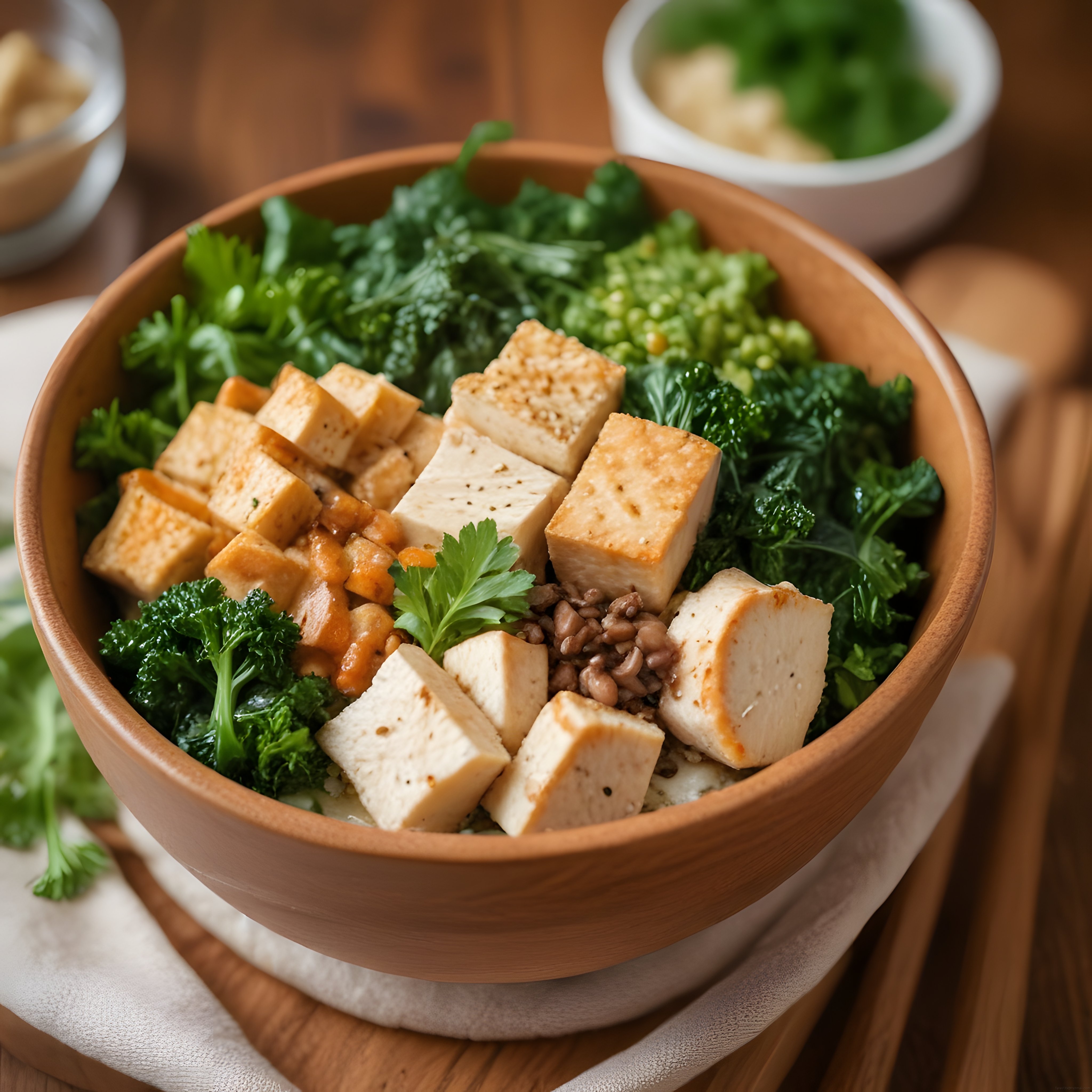 Sağlıklı Vegan Bowl: Ahşap Kapta Tofu Yeşillik ve Mercimek ile Besleyici Öğün