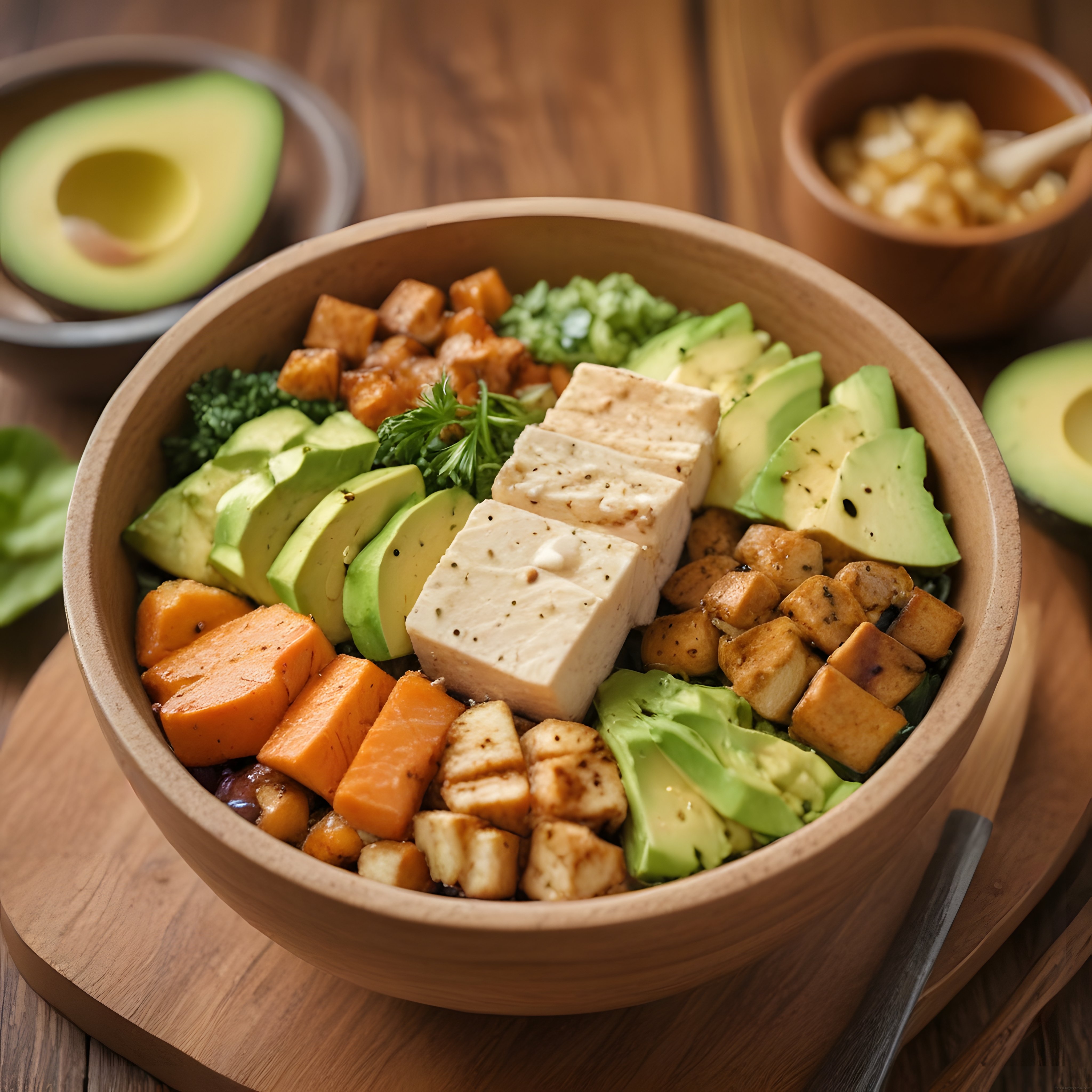 Sağlıklı Vegan Buddha Bowl: Avokado, Tofu ve Fırınlanmış Sebzeler