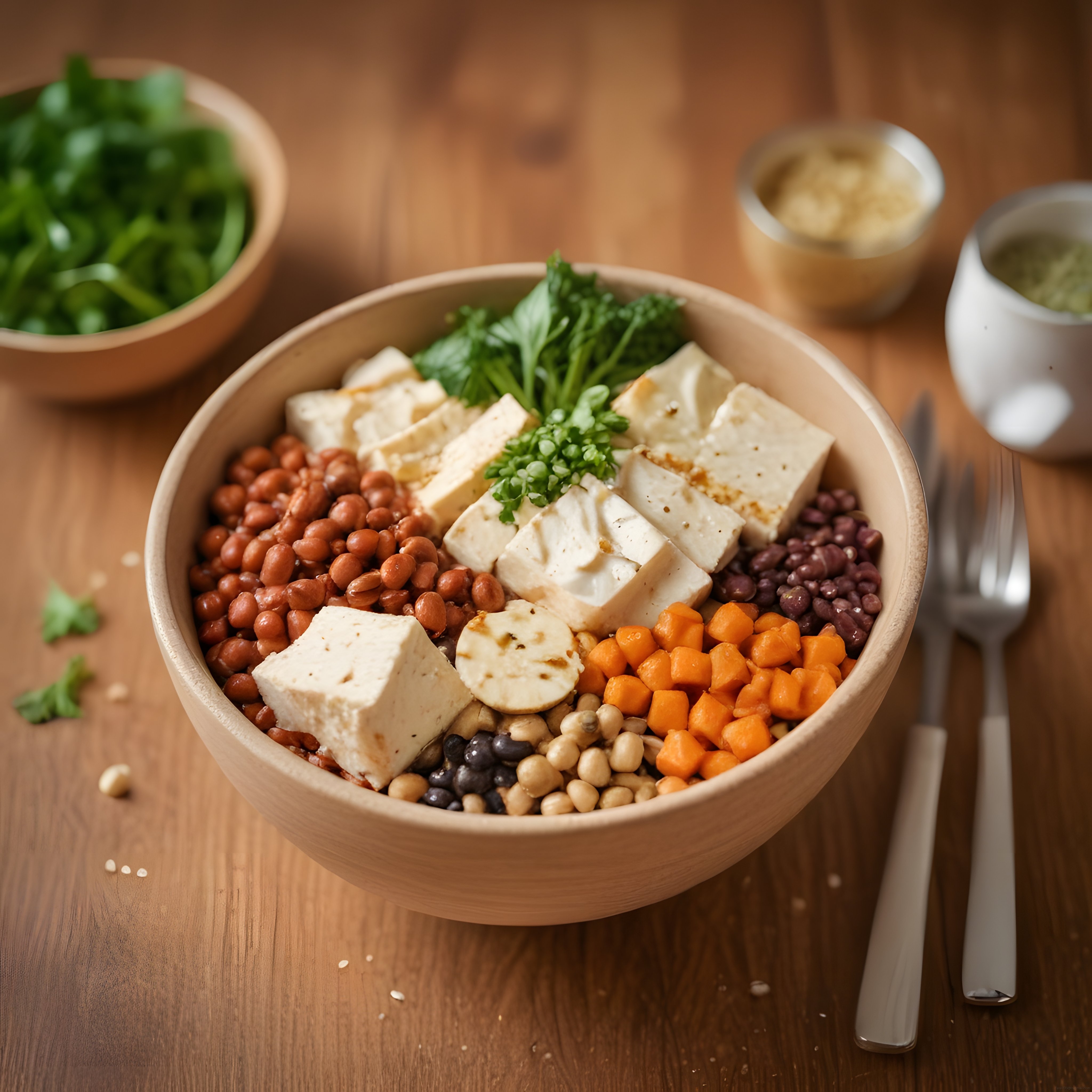 Sağlıklı Vegan Buddha Kasesi: Kahverengi Ahşap Masada Renkli Besleyici Ziyafet