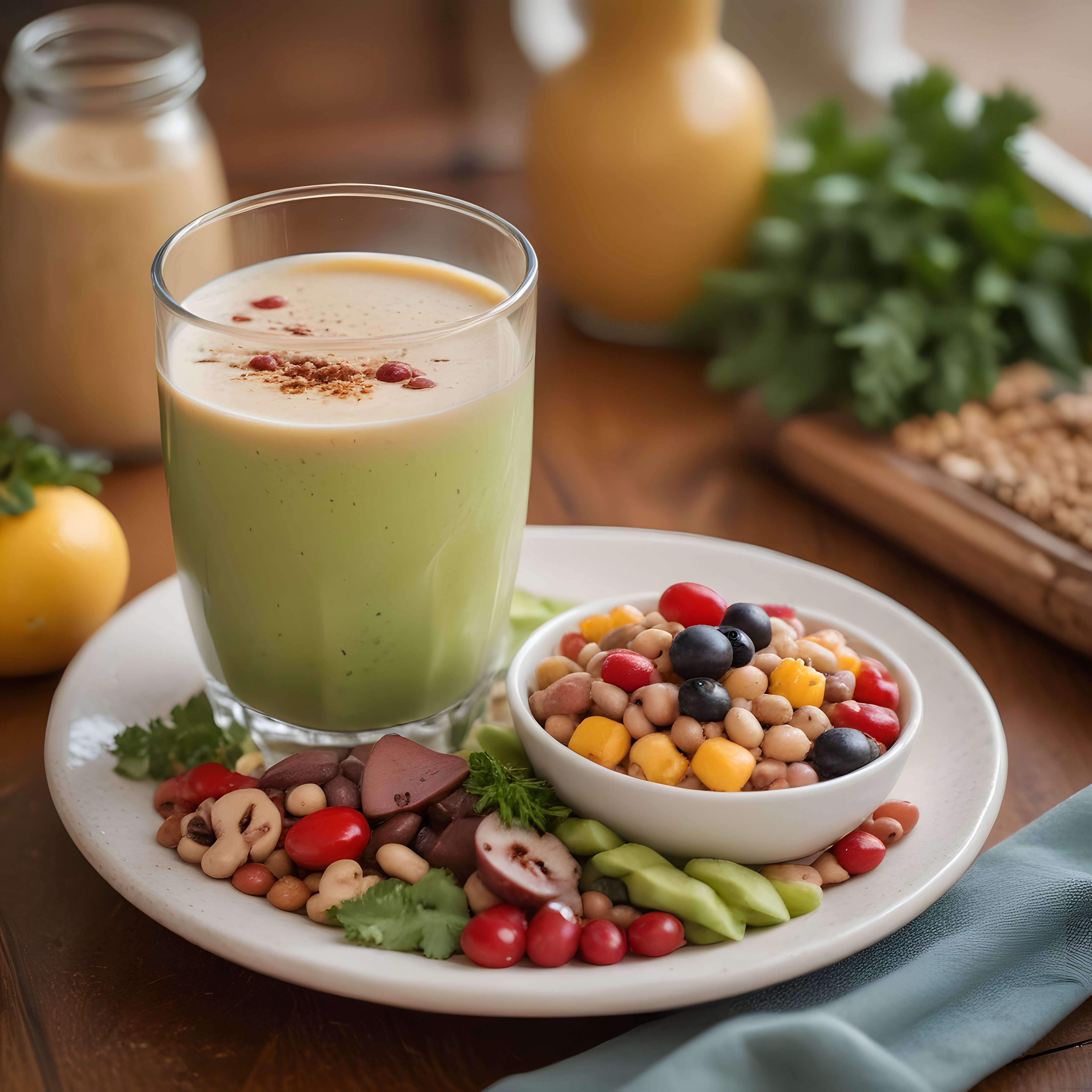 Sağlıklı Vegan Kahvaltı Tabağı: Yeşil Smoothie ve Renkli Bakliyat Kasesi