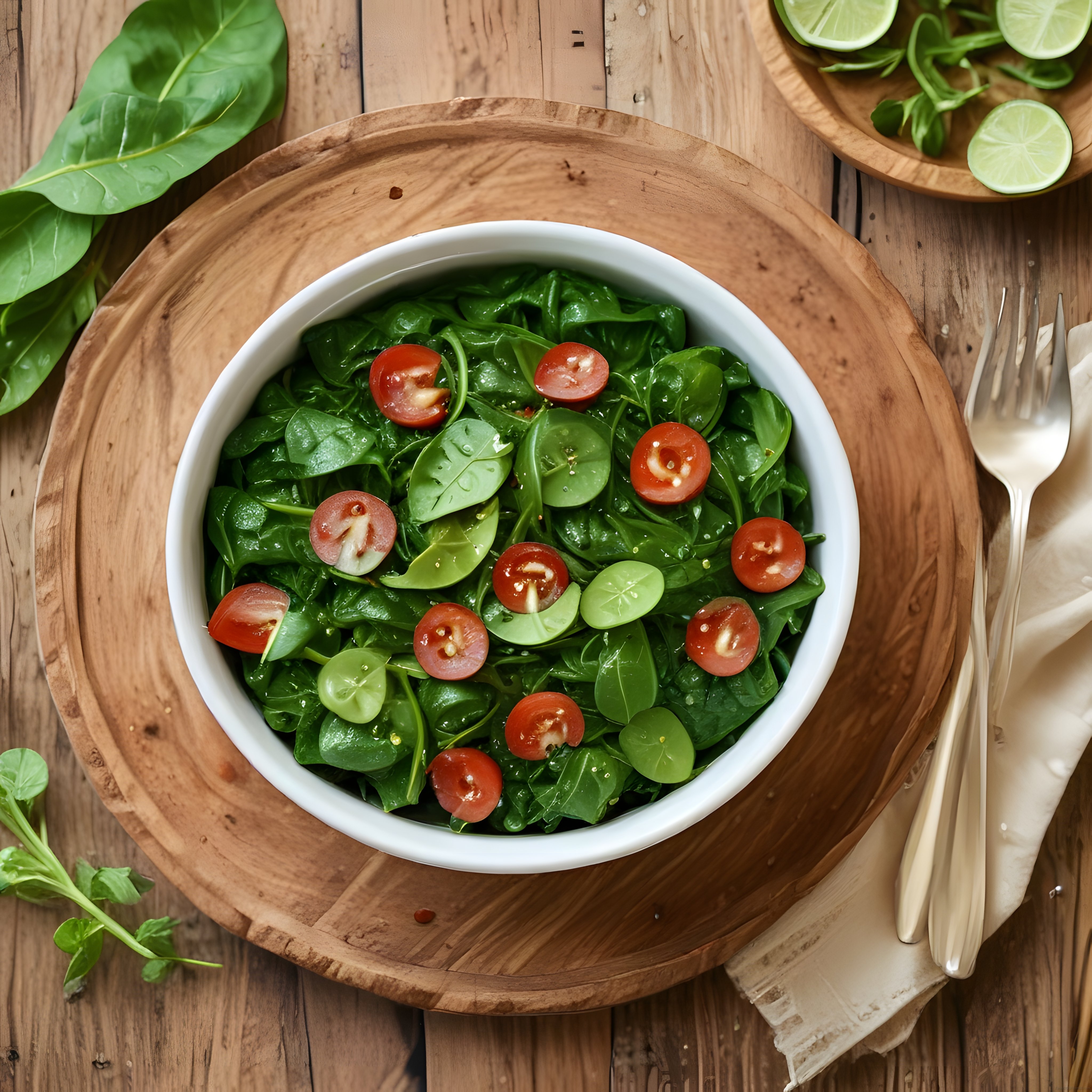 Sağlıklı Yeşil Salata: Taze Ispanak, Domates ve Doğal Ahşap Sunum