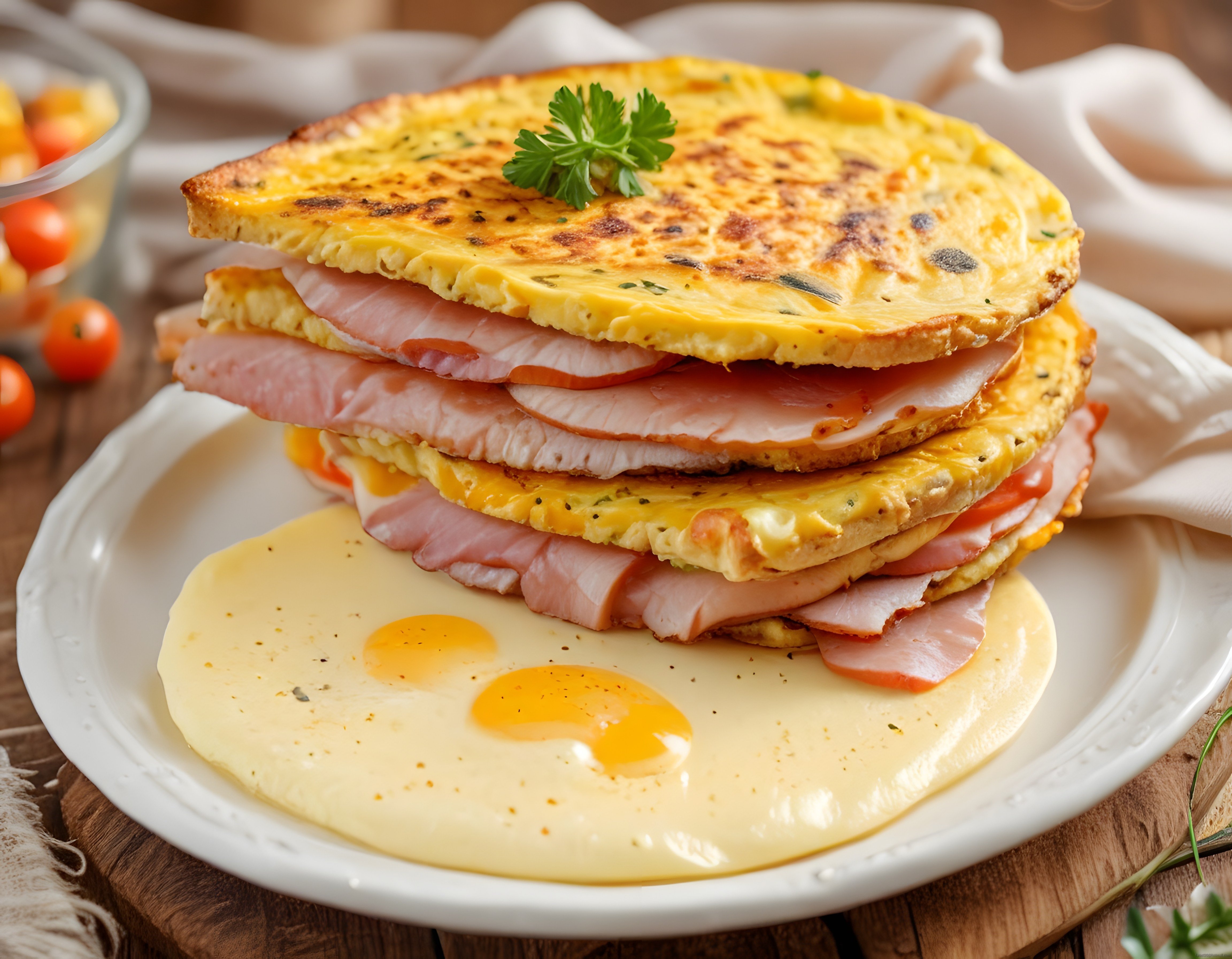 Sahanda kremalı omlet ekmeği üzerinde jambon ve kahvaltılık yumurta sunumu