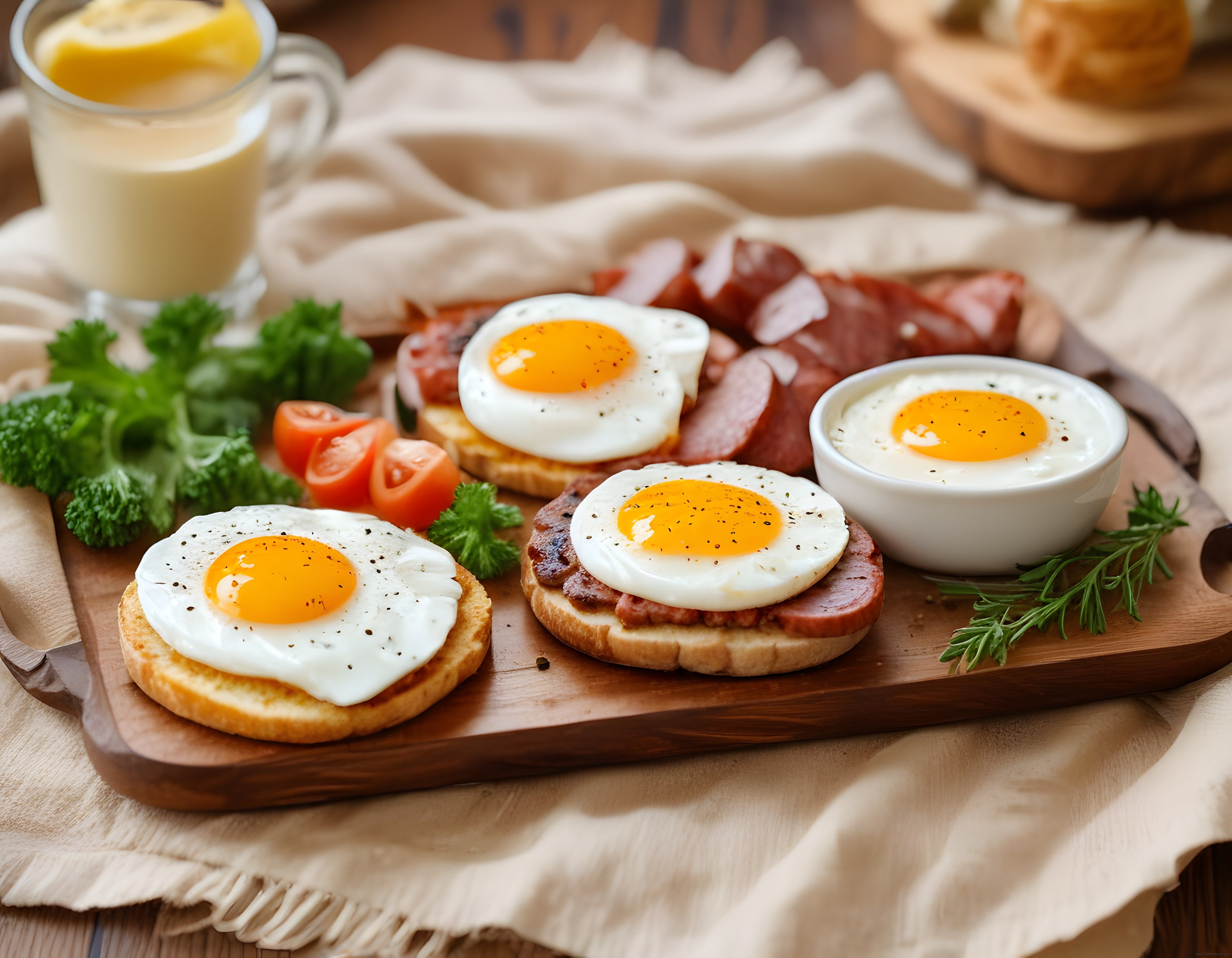 Sahanda ve ekmek üzerinde pişmiş yumurta ile lezzetli bir kahvaltı sunumu