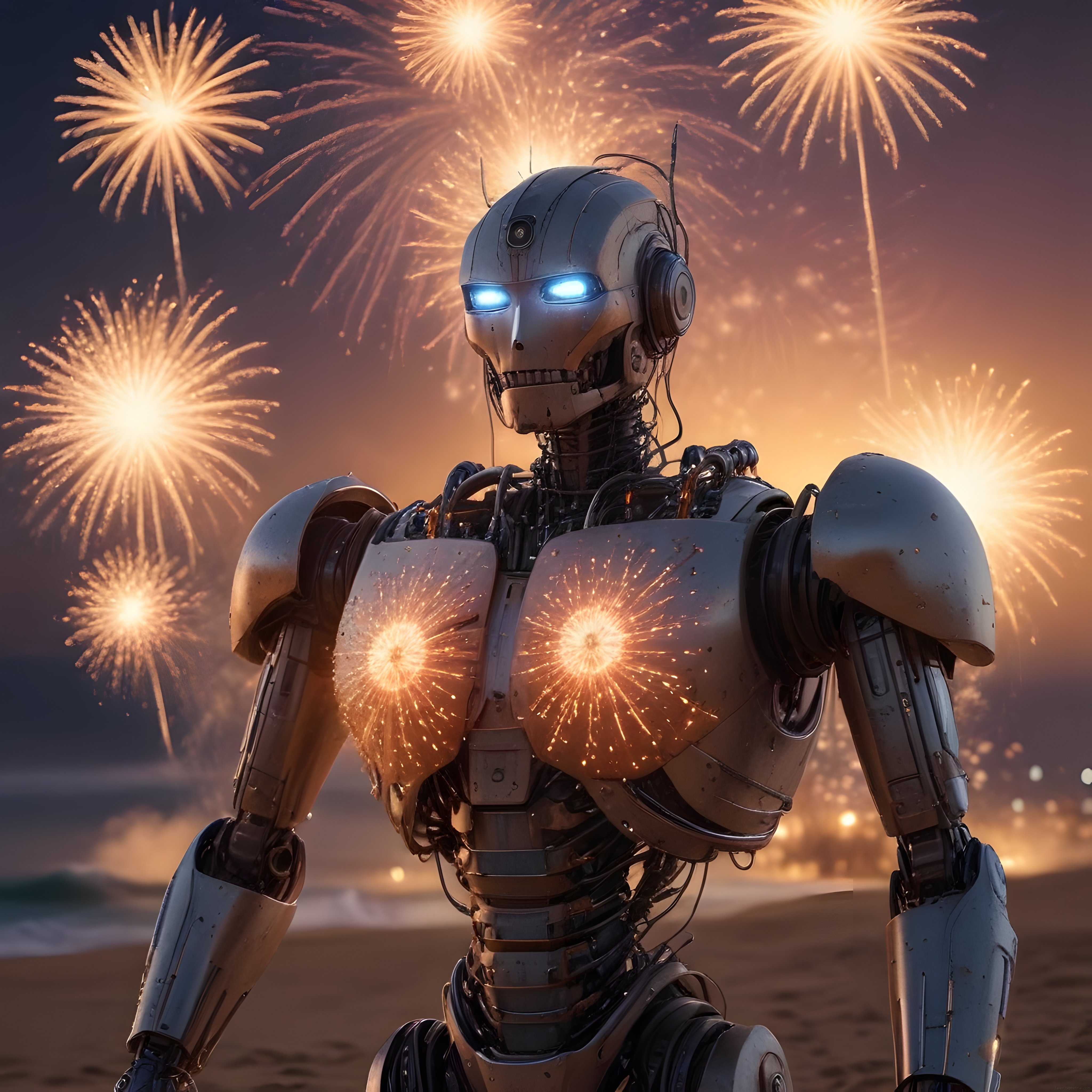 Sahilde Havai Fişeklerle Aydınlanan Geleceğin Robotunun Dansı
