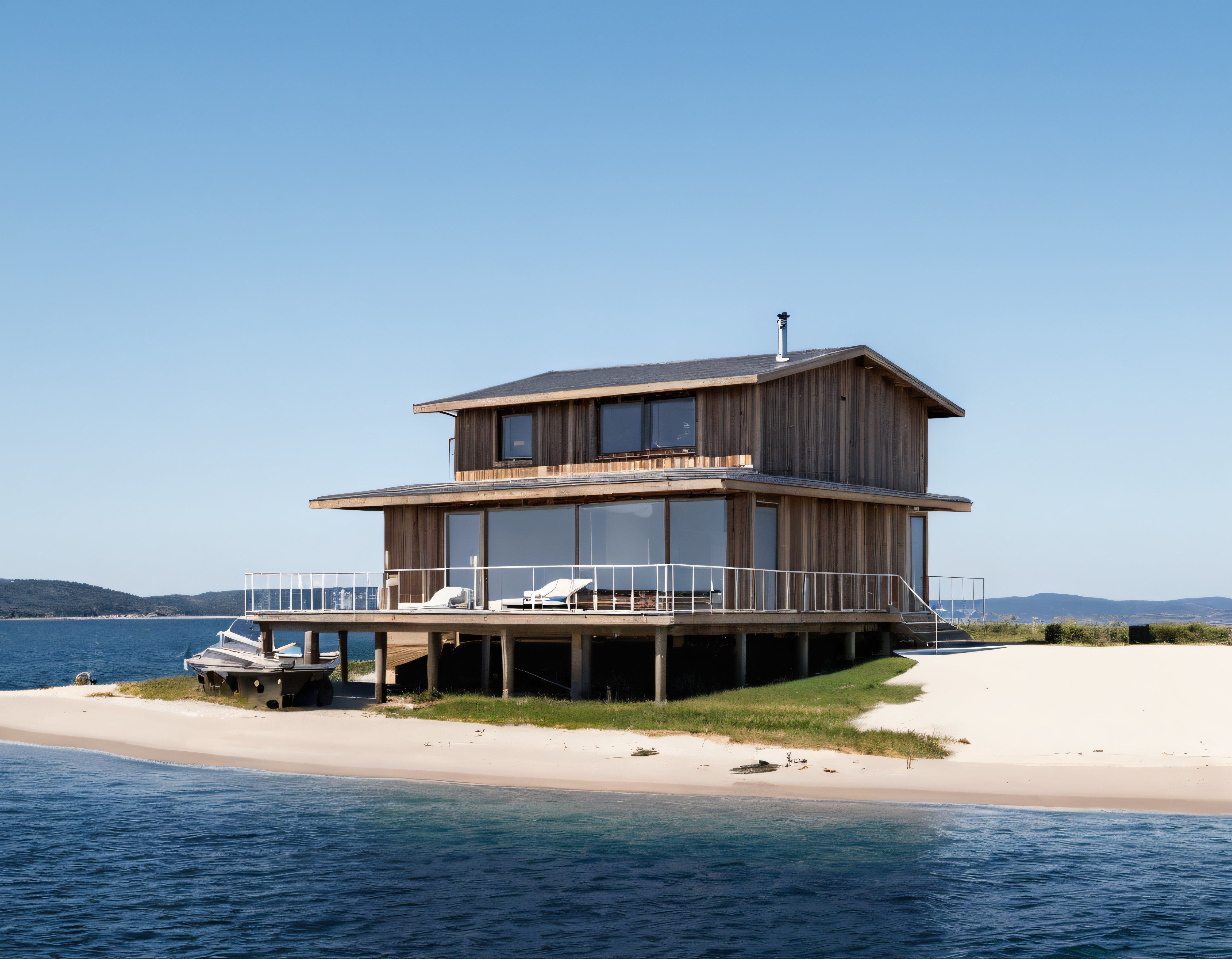 Sahile Kurulu Modern Ahşap Stilt Ev ve Panoramik Deniz Manzarası